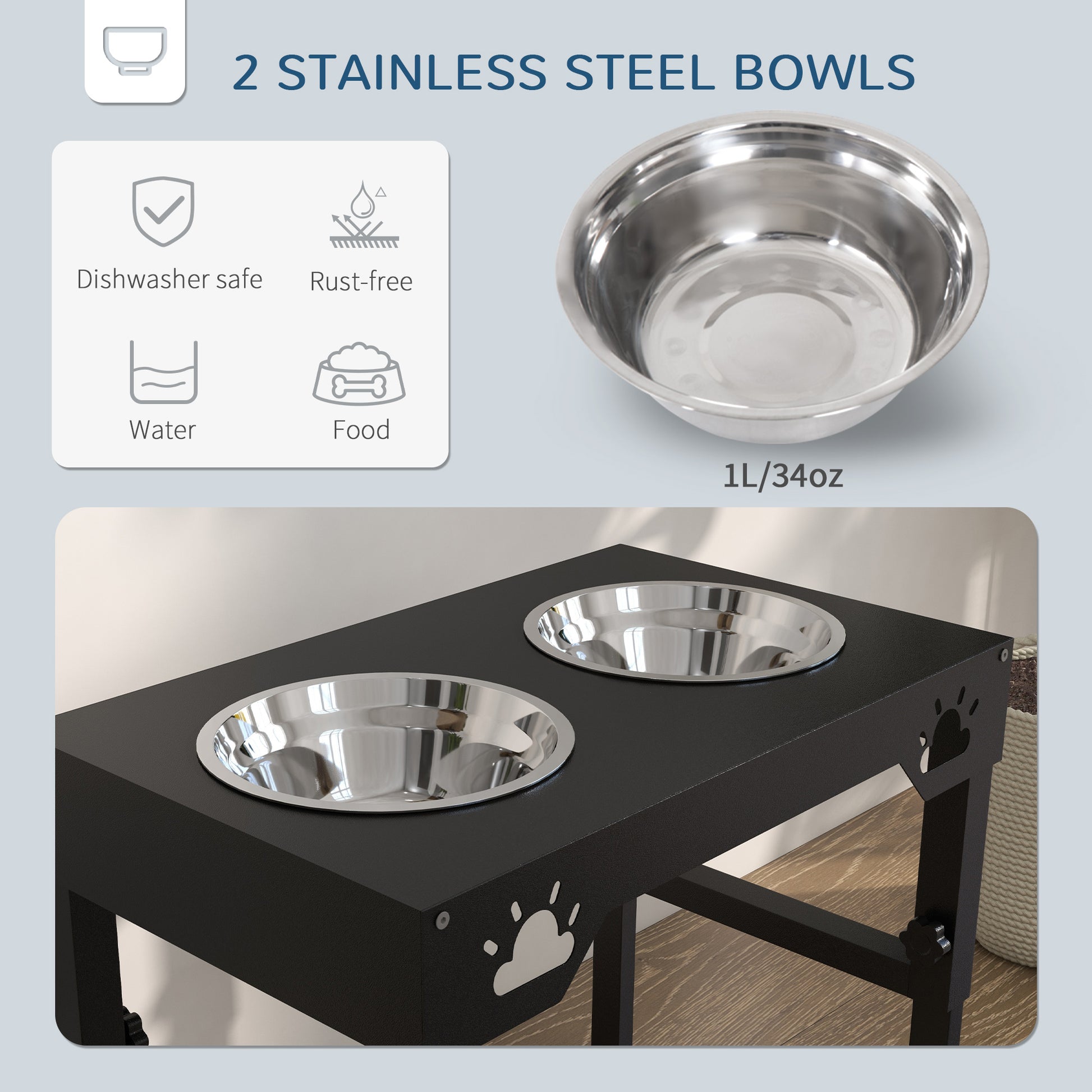 Pawhut Elevated Dog Bowls, 7 Adjustable Height Dog Bowl Stand With 2 Stainless Steel Bowls For Small, Medium, And Large Dogs, Black Black Steel