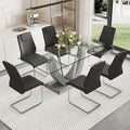 1 Table And 6 Chairs Set.Large Rectangular Table, Equipped With 0.39 Inch Tempered Glass Table Top And Mdf Table Legs.Paired With 6 Chairs With Faux Leather Padded Seats And Metal Legs.F 907,C 001 Transparent Mdf Glass