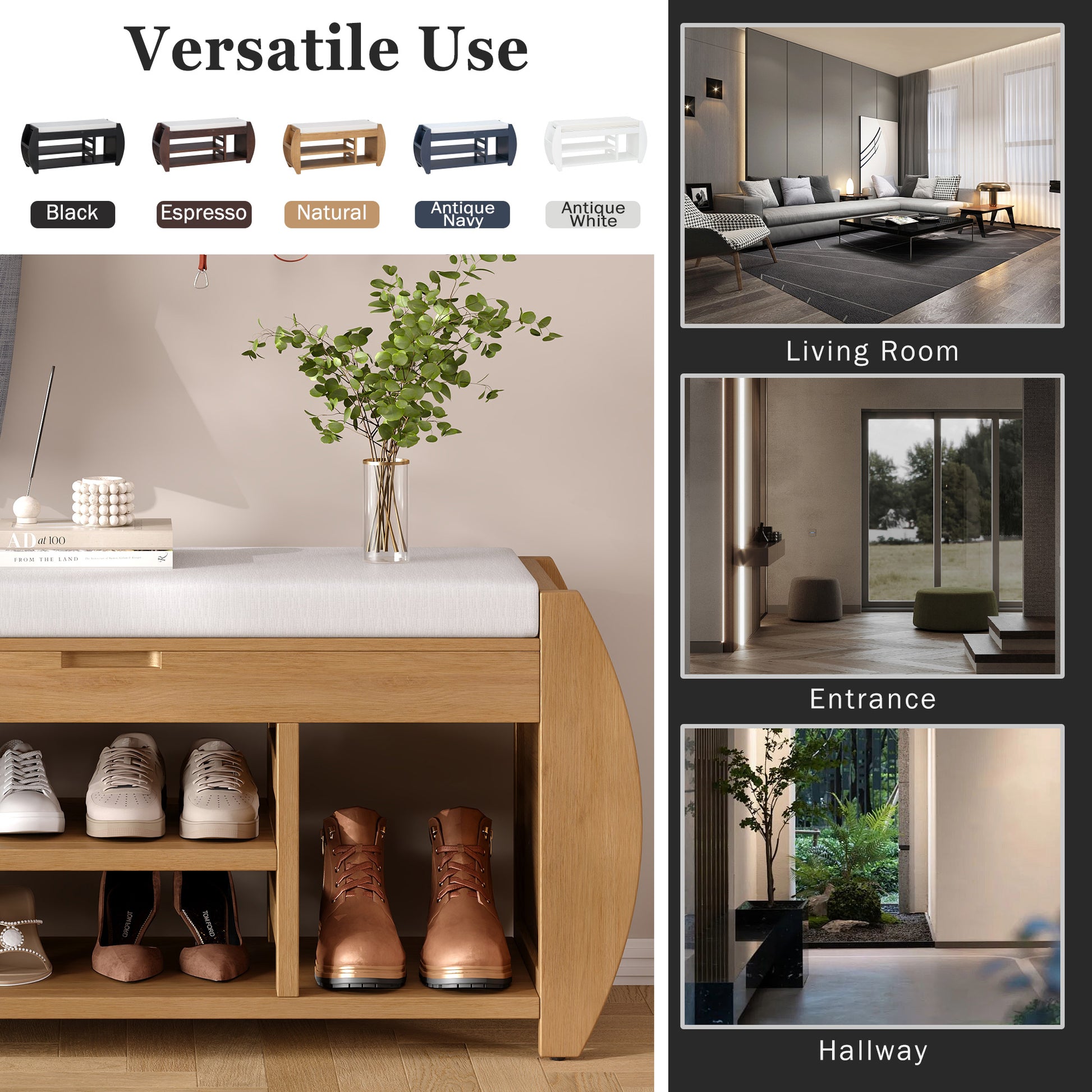 Retro Multifunctional Storage Bench With Cushion And Curved Side Panel For Entrance And Living Room Natural Natural Mdf