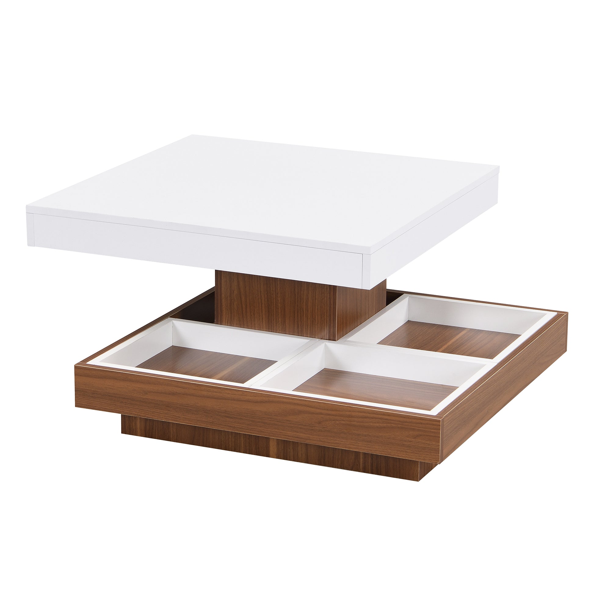 Modern Square 360 Rotating Coffee Table With Three Detachable Tray, 2 Tier Farmhouse Wood Center Table With Storage For Living Room, White, 27.5*27.5In White Walnut Primary Living Space Mdf