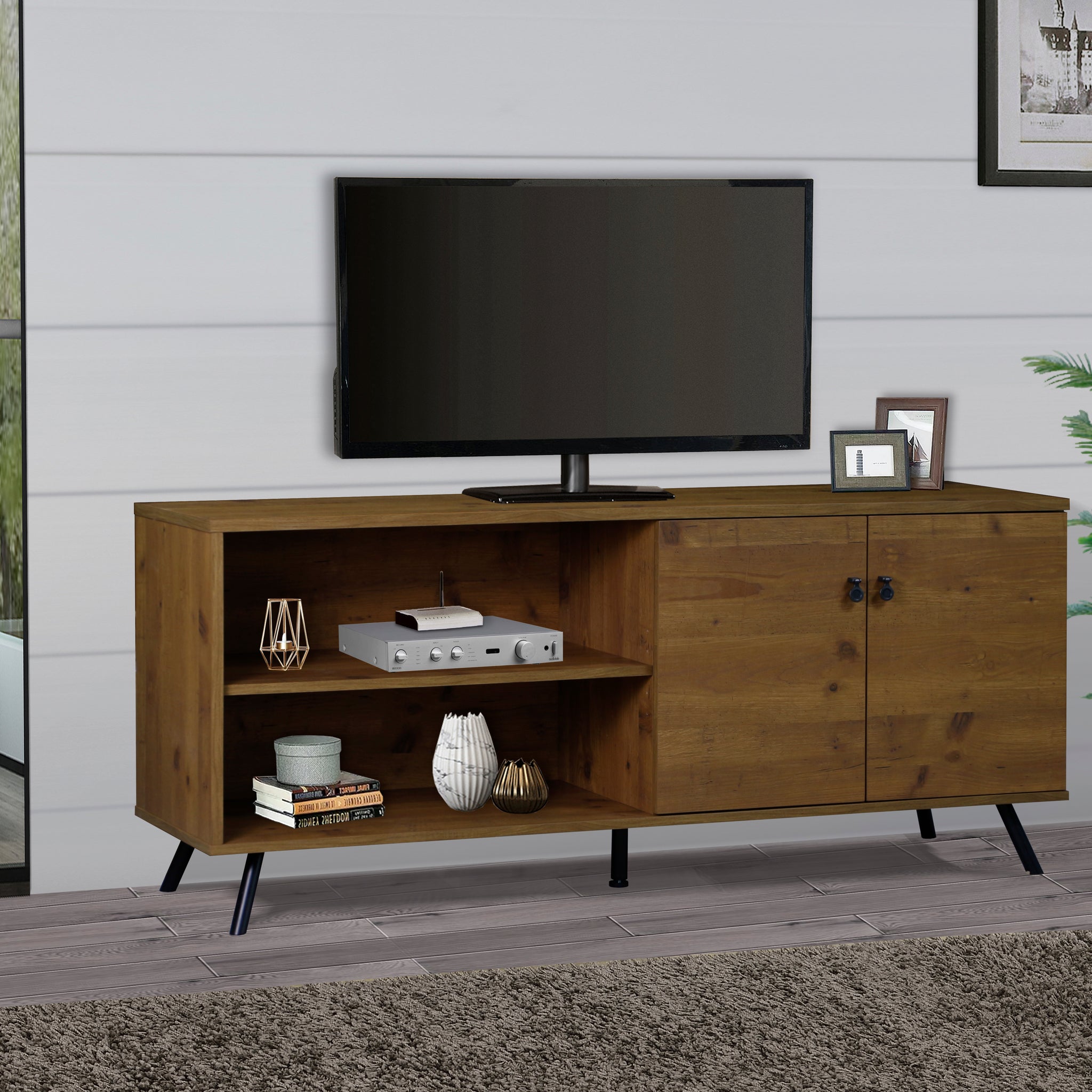 Tv Stand "Rustic Old Pine Tv Stand With Adjustable Storage Durable Media Console For Contemporary Living Fits Up To 75 Inch Tvs" Brown 70 79 Inches Solid Wood