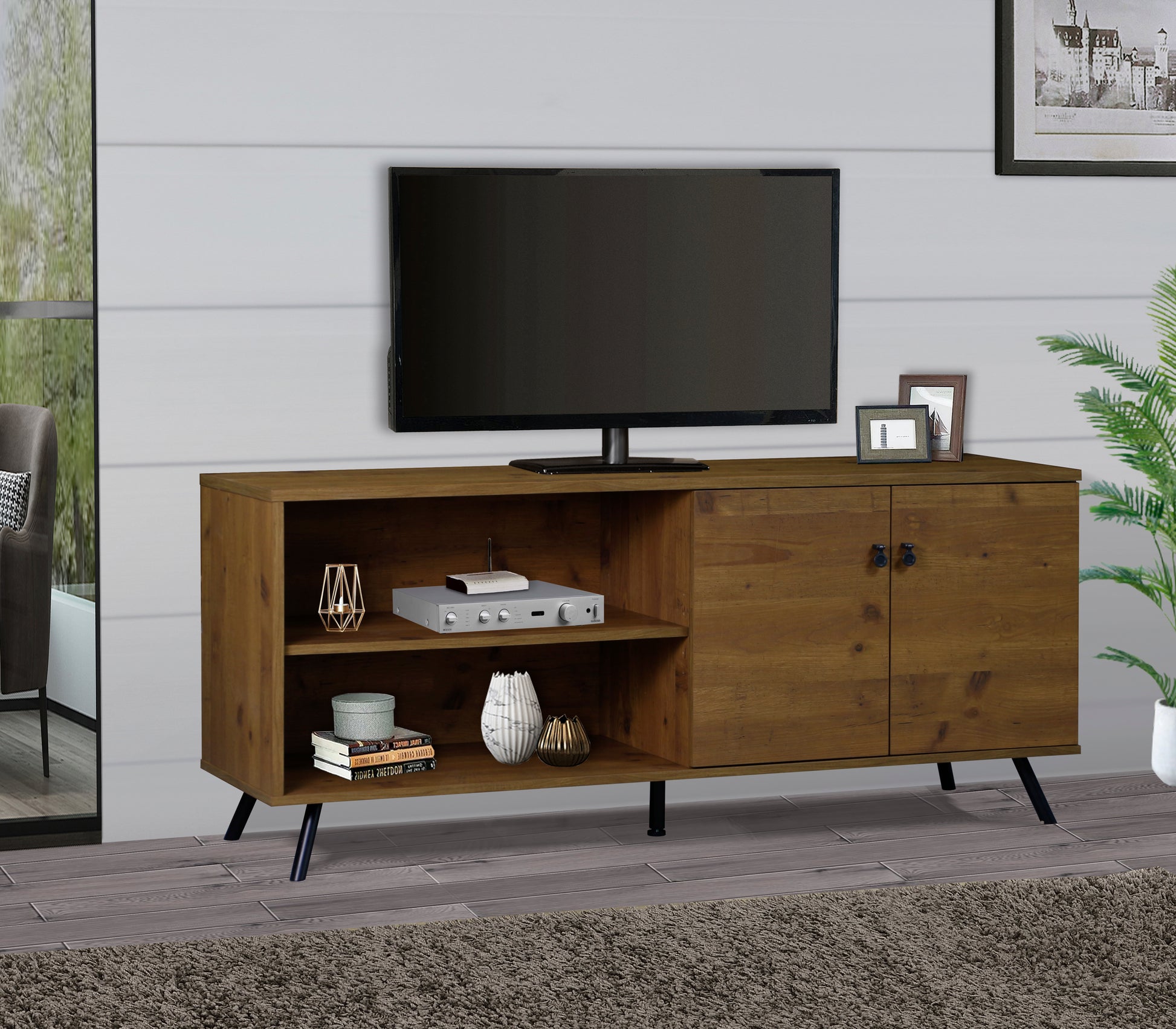 Tv Stand "Rustic Old Pine Tv Stand With Adjustable Storage Durable Media Console For Contemporary Living Fits Up To 75 Inch Tvs" Brown 70 79 Inches Solid Wood