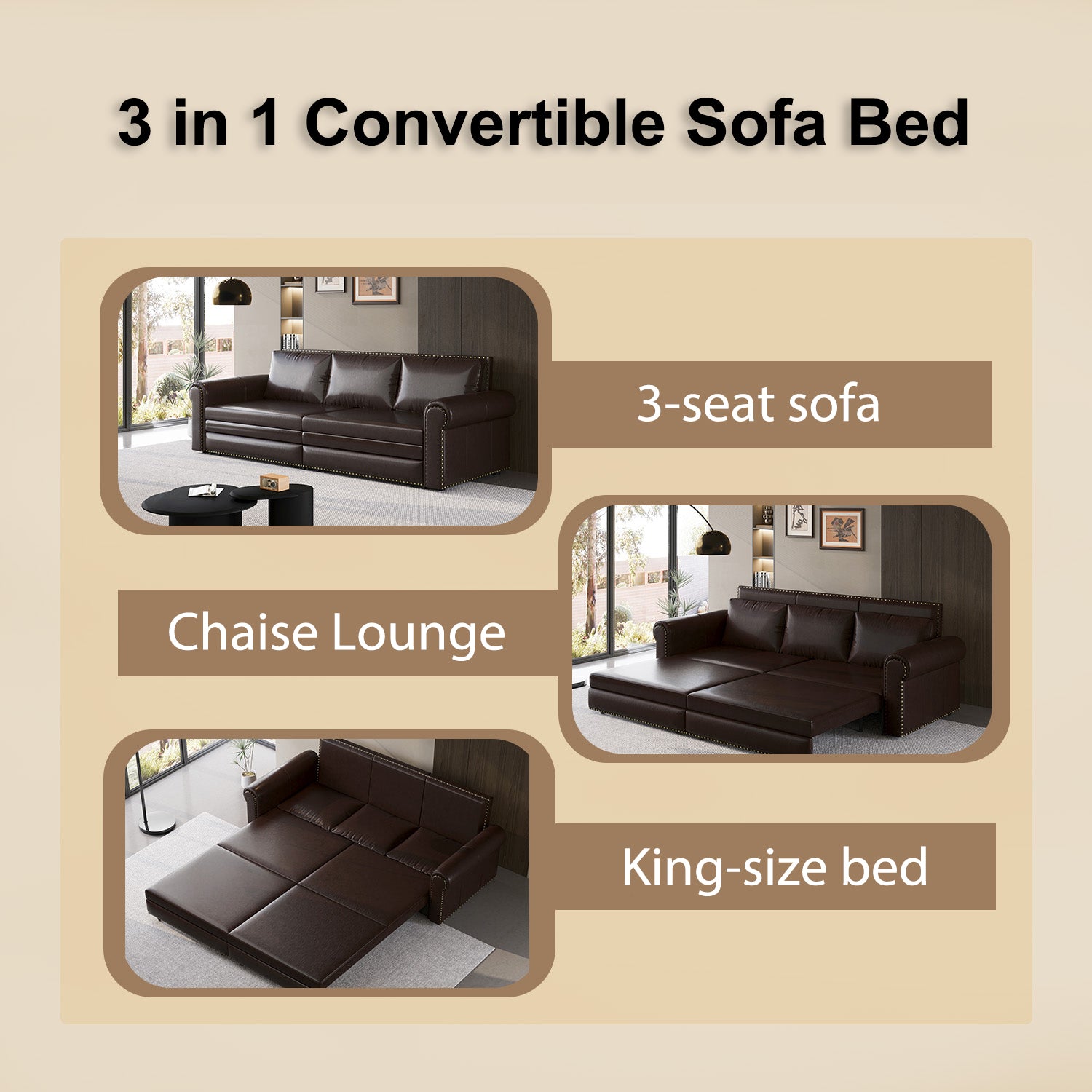 Chesterfield Sofa,93.7" King Pull Out Sofa Bed, 3 In 1 Faux Leather Convertible Sleeper Sofa With Trim & Rolled Arm,Multi Functional Sofa Bed For Living Room,Bedroom,Apartment,Office Dark Brown Faux