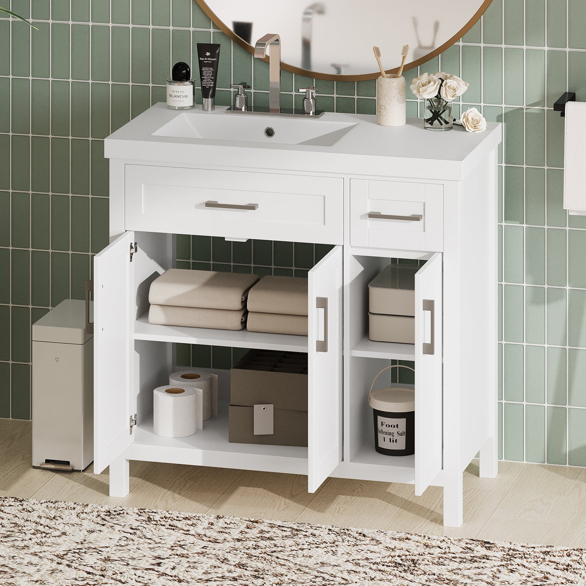 36" White Bathroom Vanity Cabinet With Resin Integrated Sink 2 Drawers, 3 Doors White Bathroom Solid Wood Mdf Resin