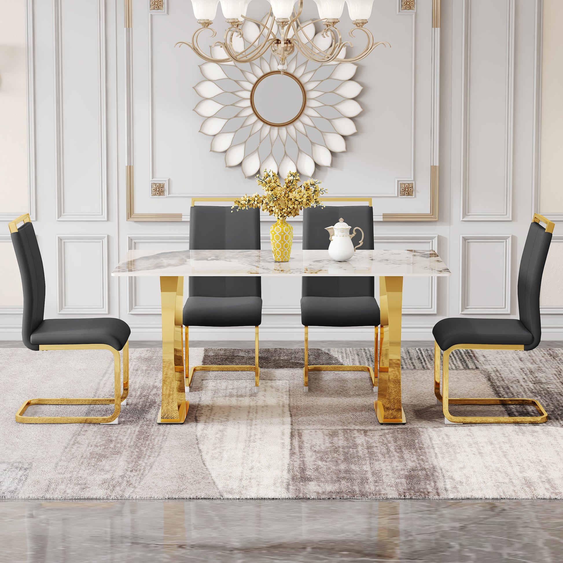 Table And Chair Set, Rock Plate Table Top, Gold Metal Table Legs, Stable And Beautiful, Suitable For Most Home Styles. Modern Simple Dining Table, Comfortable Seating. Grey Gold Seats 4 Sintered Stone