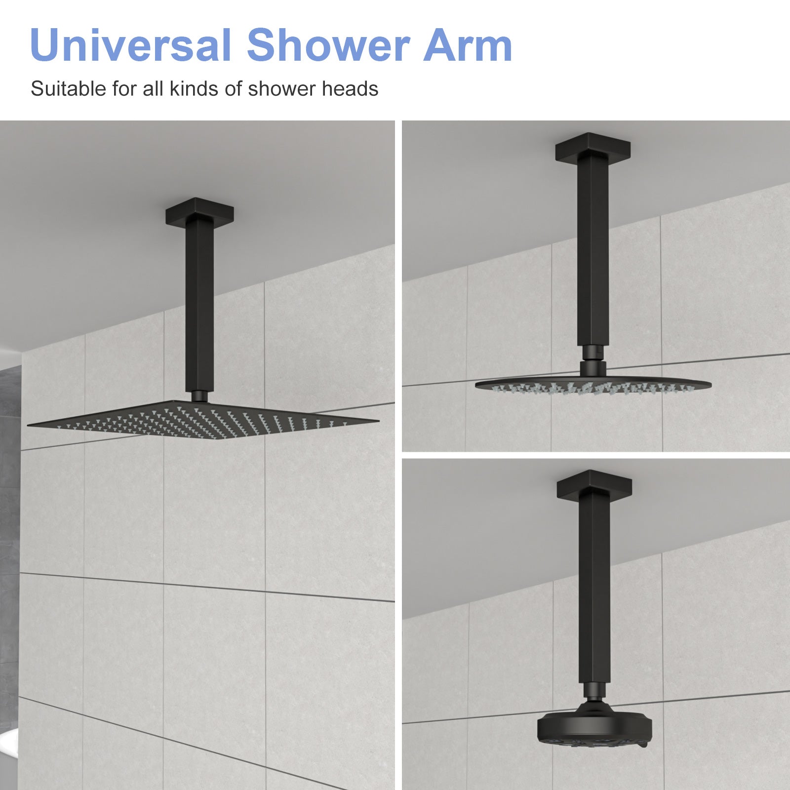 8" Ceiling Mounted Shower Arm With Flange, Matte Black Matte Black Stainless Steel