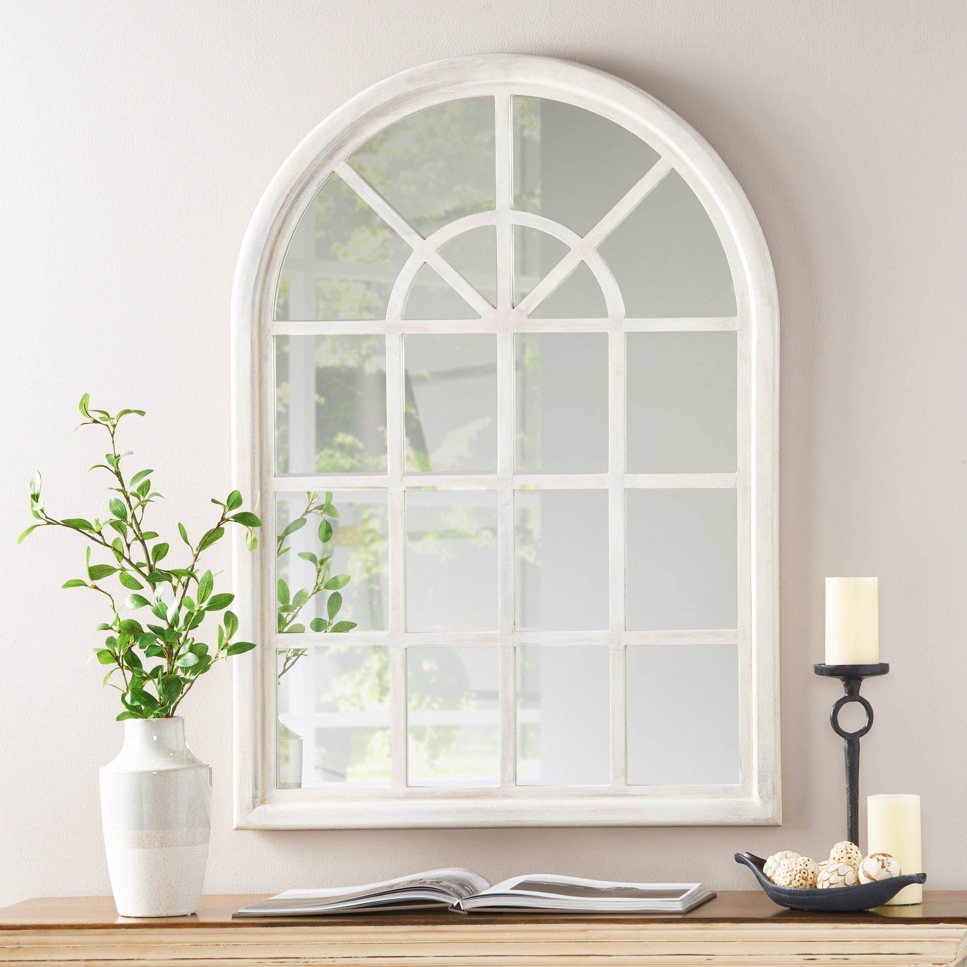 Arch Window Mirror White Wood