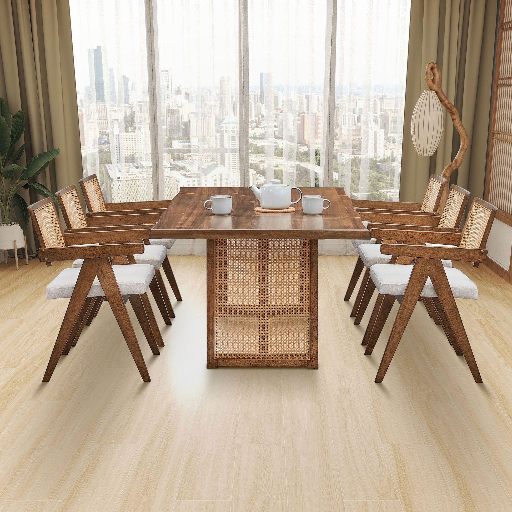 86.61 Inch Oversize Rectangular Waves Dining Table Set,7 Pcs Wooden Dining Table And Chairs,Mid Century Modern Large Kitchen Set For Living Room,Bohemian Dining Table With Rattan Weave For