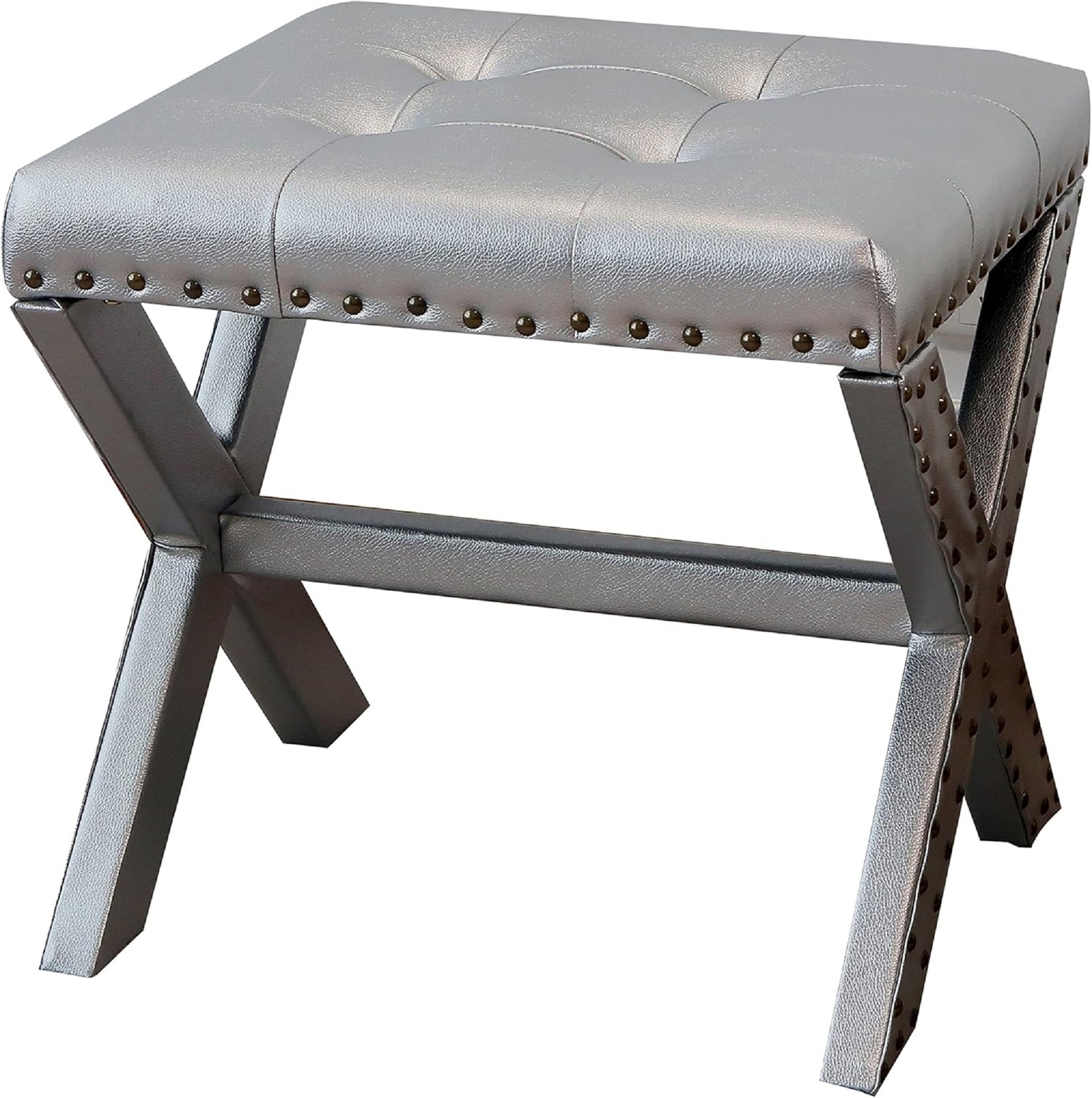 Set Of 2 Silver Modern Chic Vanity Stool Upholstered Chair Fabric Trim Tufted Seat And Solid Wood Frame Silver Vanity Stools Polyester Bedroom Rectangular Traditional Nailheads Wood