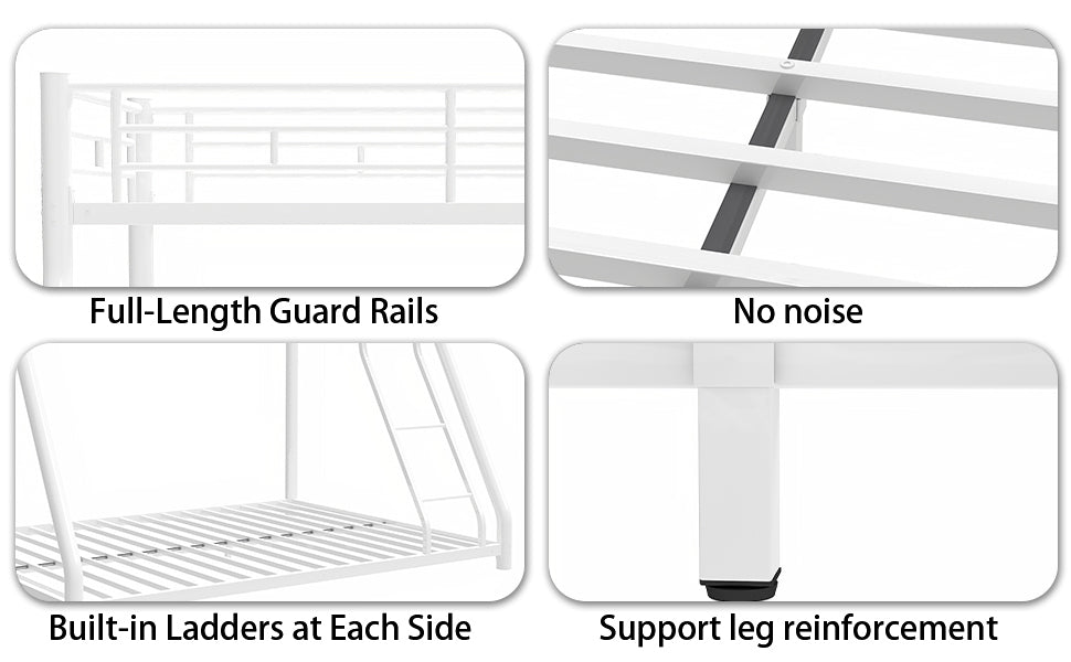 Metal Bunk Bed Twin Over Full Size With Removable Stairs, Heavy Duty Sturdy Frame With 12" Under Bed Storage For Teen & Adults, Teens, No Box Spring Needed, White Box Spring Not Required Full White Metal Bedroom Metal