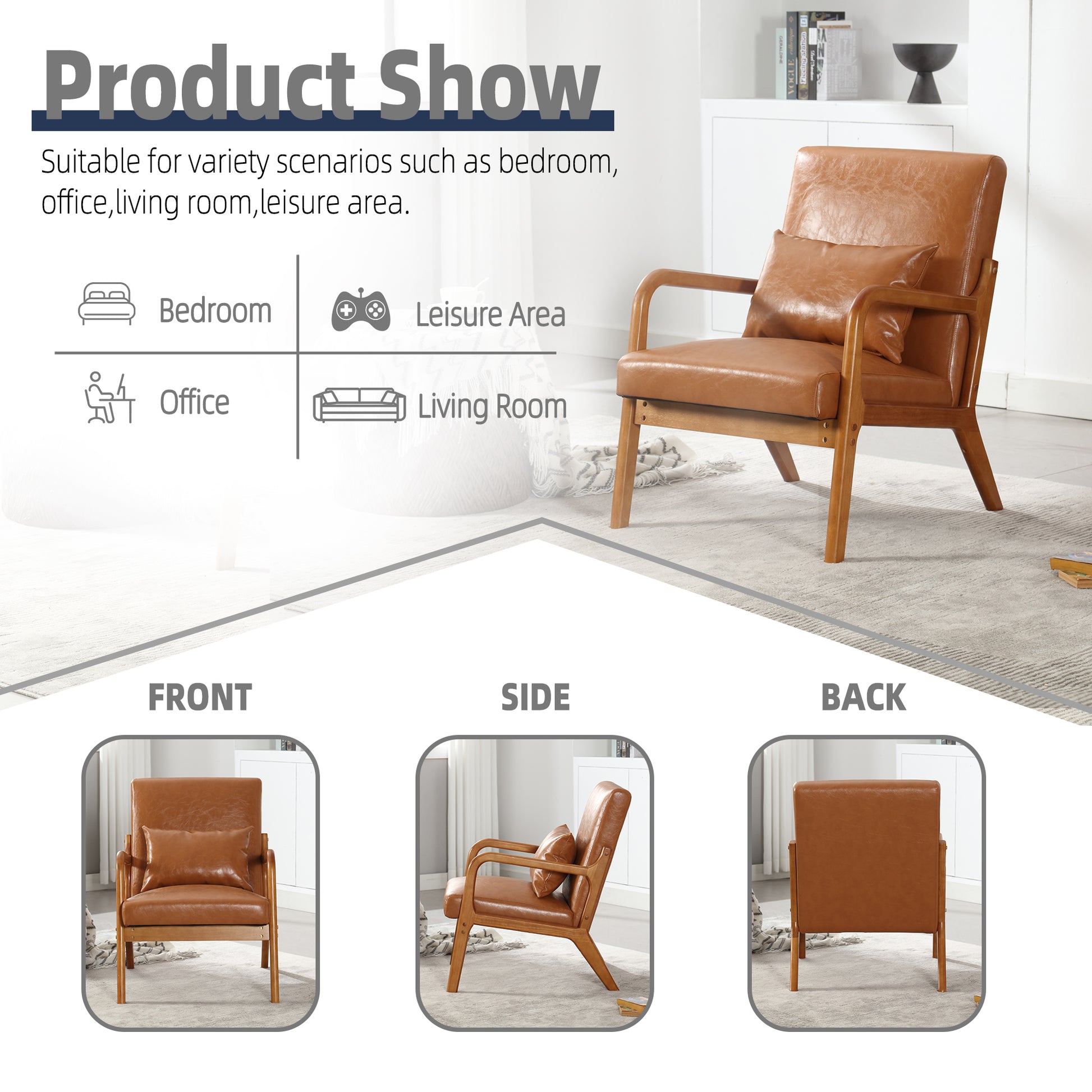 Coolmore Modern Accent Chair, Solid Wood Padding Lounge Armchairs With One Pillow For Living Room, Bedroom, Guest Room Light Brown Pu Light Brown Brown Primary Living Space Modern Rubberwood Foam Pu Leather