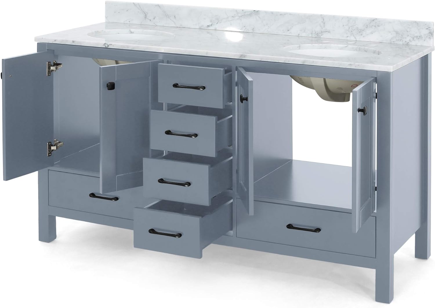 73'' Bathroom Vanity With Marble Top & Double Ceramic Sinks, 4 Doors, 6 Drawers, Grey Grey Plywood