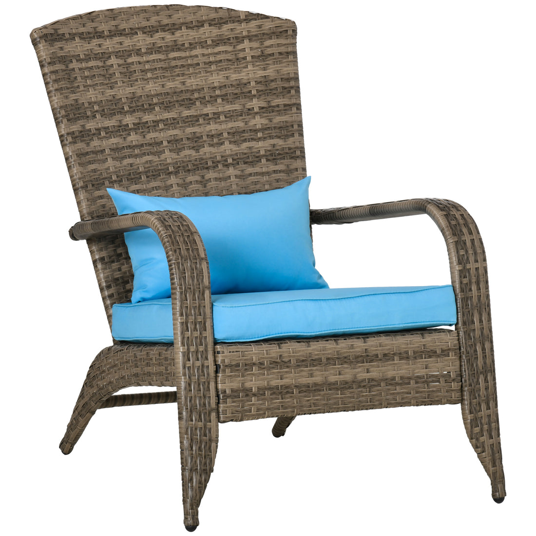 Outsunny Patio Wicker Adirondack Chair, Outdoor All Weather Rattan Fire Pit Chair W Soft Cushions, Tall Curved Backrest And Comfortable Armrests For Deck Or Garden, Sky Blue Blue Steel