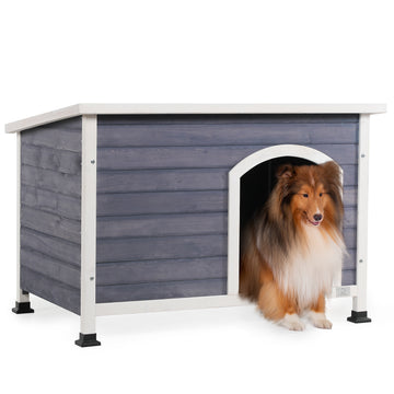 Medium Wooden Outdoor Dog House, Waterproof Roof, Elevated Floor, Grey Grey Solid Wood