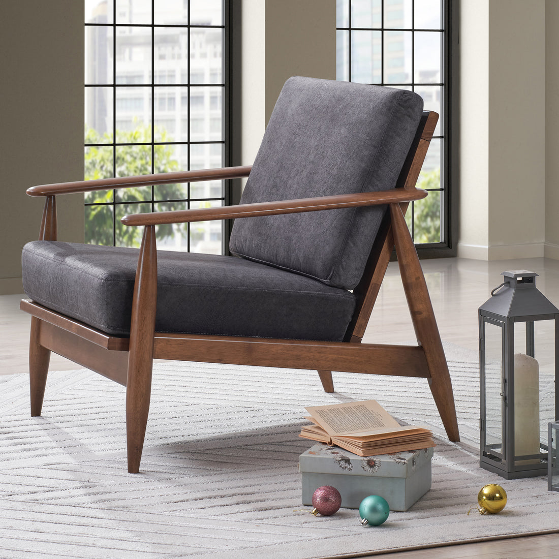 Charcoal And Brown Accent Chair With Removable Cushion Brown Grey Primary Living Space Modern Wood Fabric