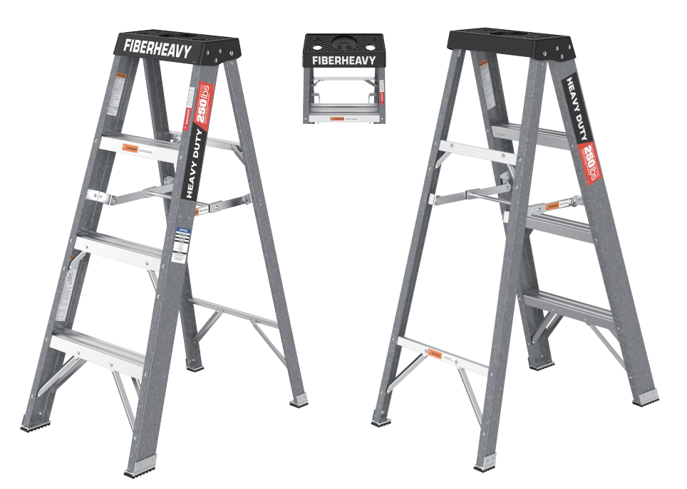 Fiberglass Step Ladder 4 Steps 250Lbs Black Grey Fiberglass