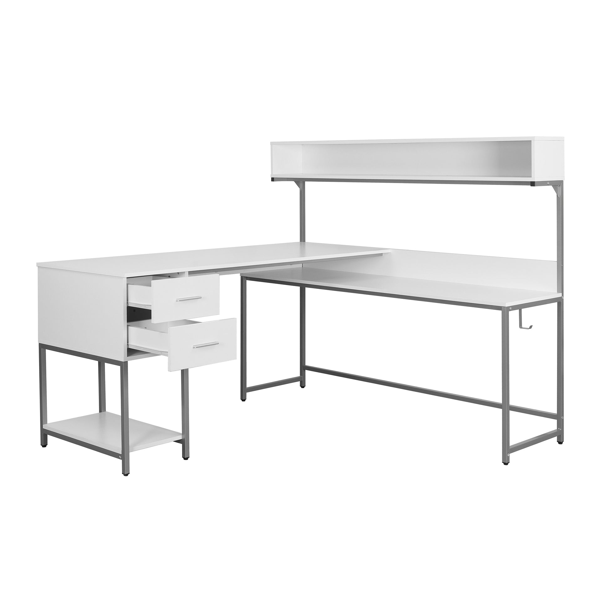 Techni Mobili L Shape Desk With Hutch And Storage, White White Computer Desk Office Modern L Shape Engineered Wood