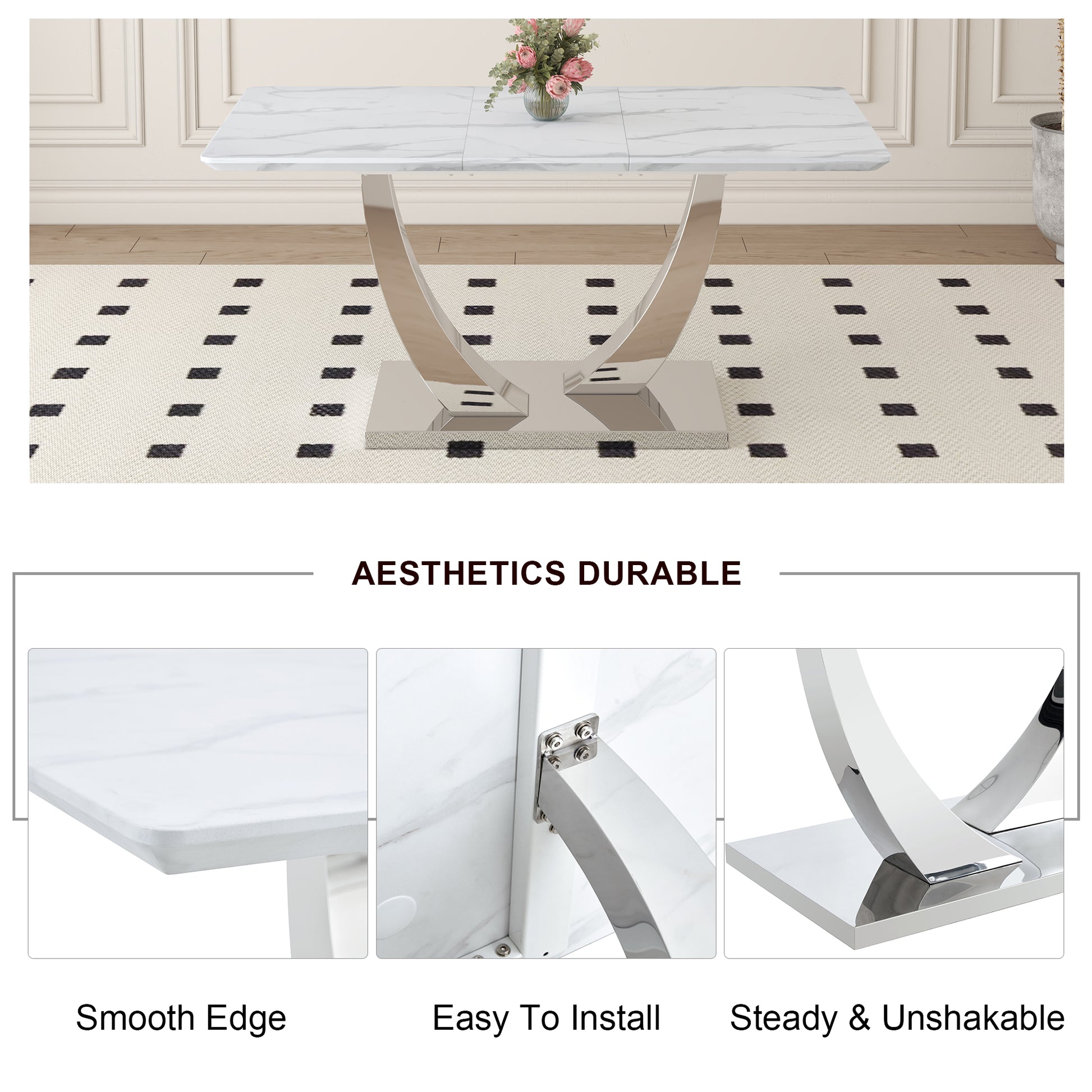 Table And Chair Set. Large Modern Rectangular Table With White Textured Top And Silver Metal Legs. Soft And Comfortable Pu Seats, Faux Leather Upholstered Seats And Sturdy Metal Legs. White Mdf Metal