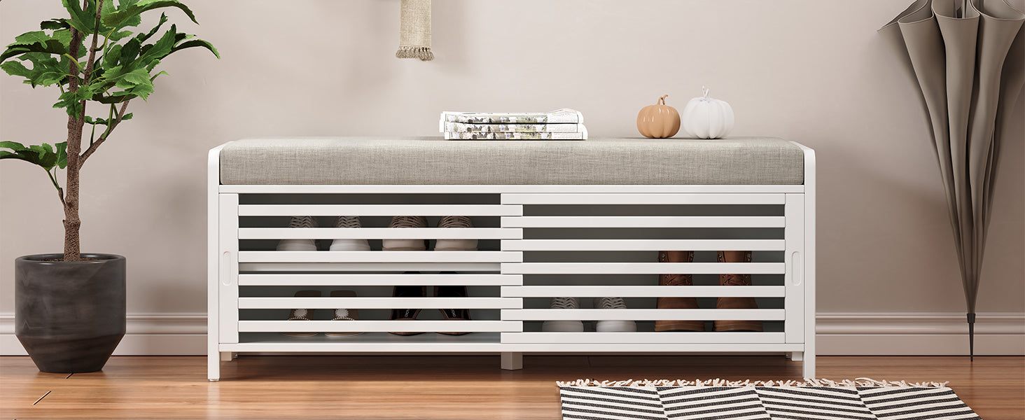 Distressed Shutter Storage Bench With Acacia Veneer For Retro Charm For Living Room, Entryway White White Mdf