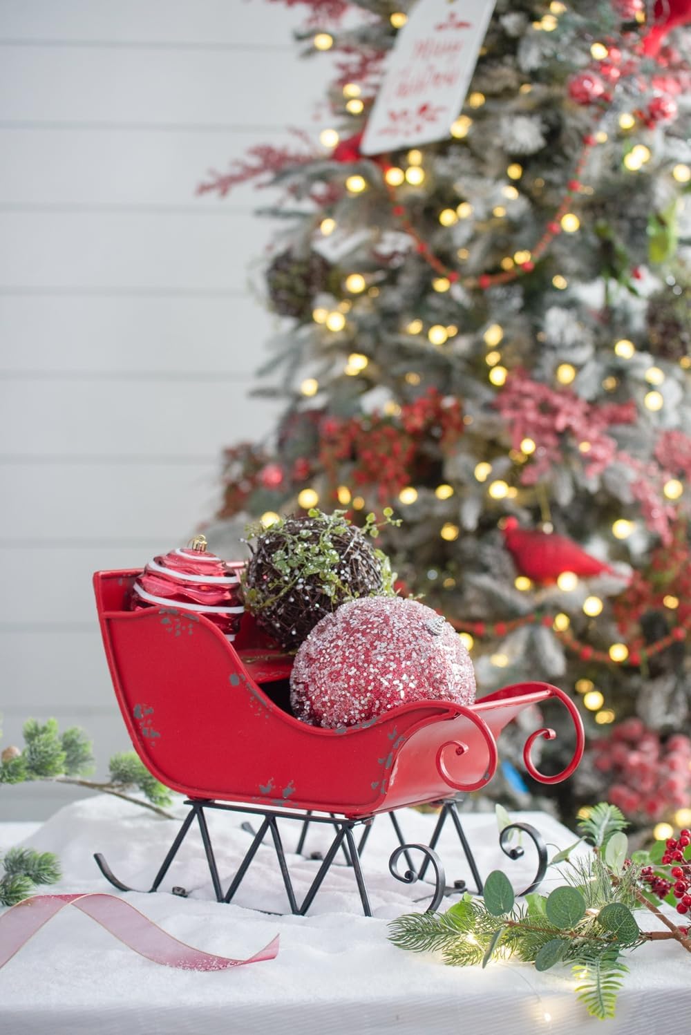 14.5X10X11"H Iron Red Black Sleigh Small, Distressed Christmas Santa Sleigh Holiday Tabletop Hanging Decoration Black Red Iron