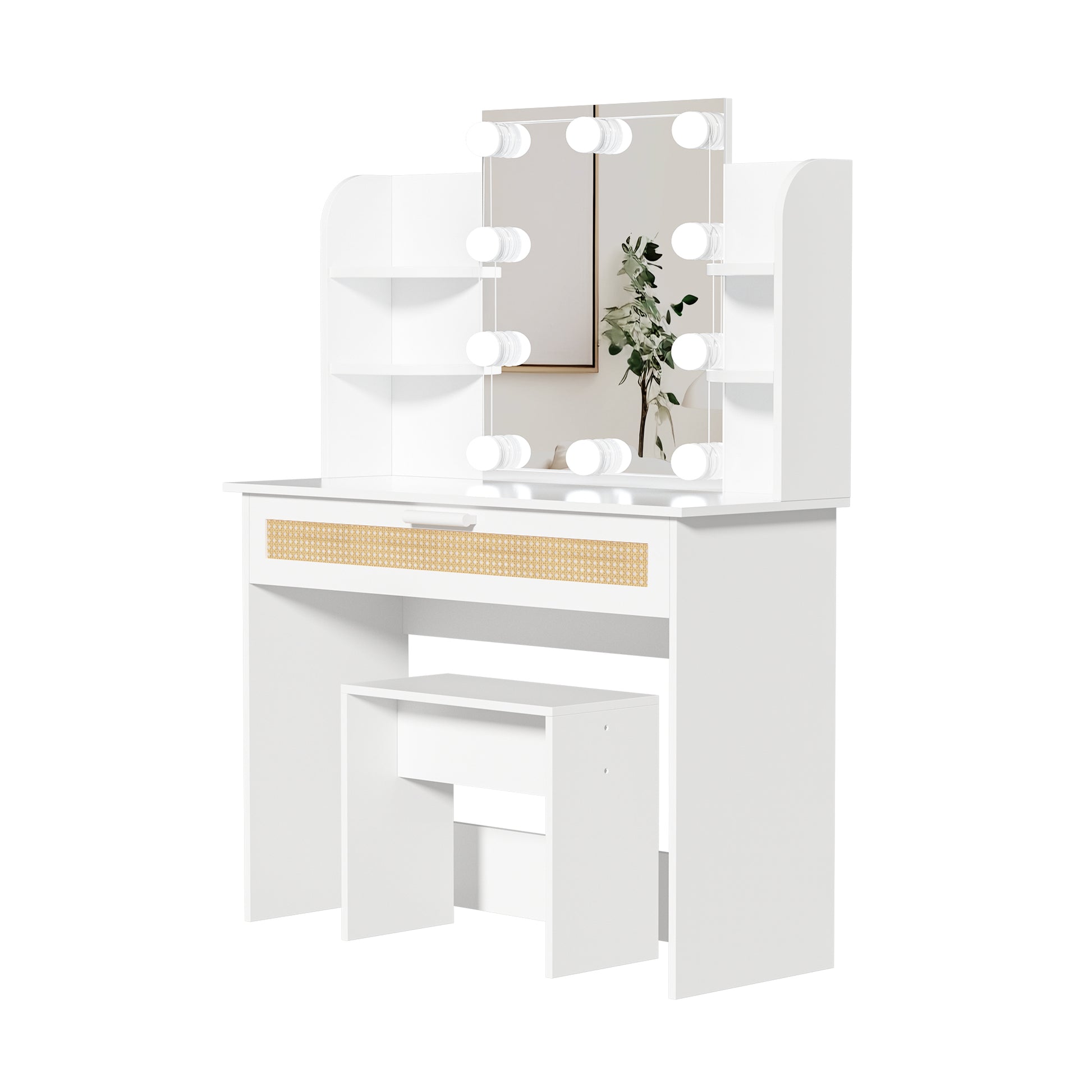 Vanity Desk Set Stool & Dressing Table With Led Lighting Mirror Drawer And Compartments Modern Wood Cosmetic Table Chest Of Drawers White Color Gloss White White 1 Drawer Bedroom Wood