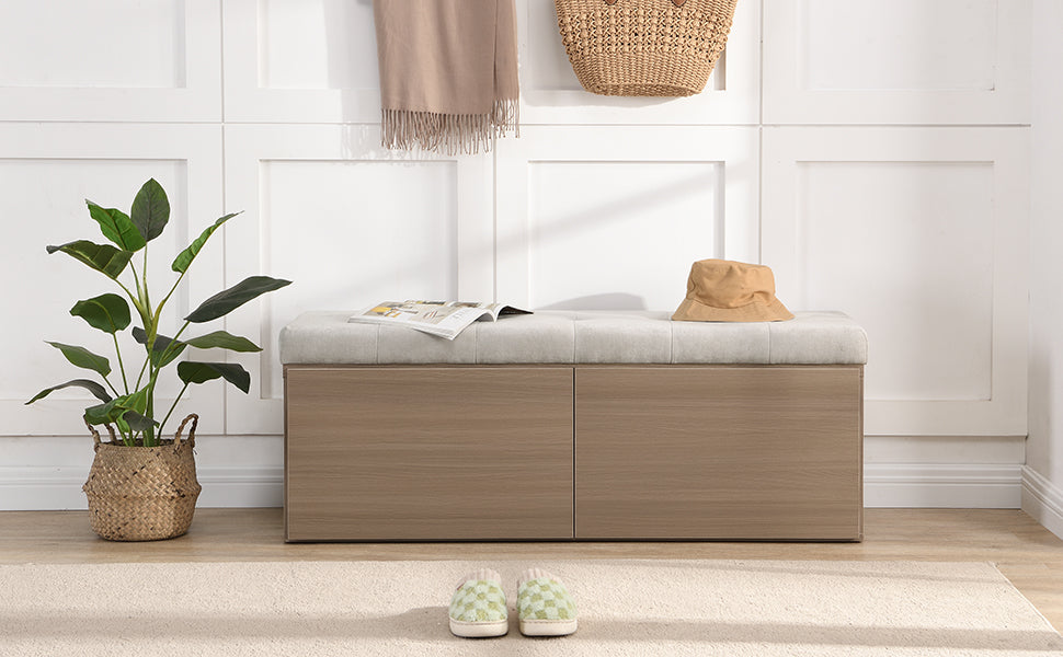 49" Shoe Storage Bench Entryway Shoe Cabinet Storage Ottoman With Padded Seat Cushion And Double Doors For Entryway, Hallway And Bedroom, Light Grey Cushioned Light Grey Chenille Solid Shoe Storage