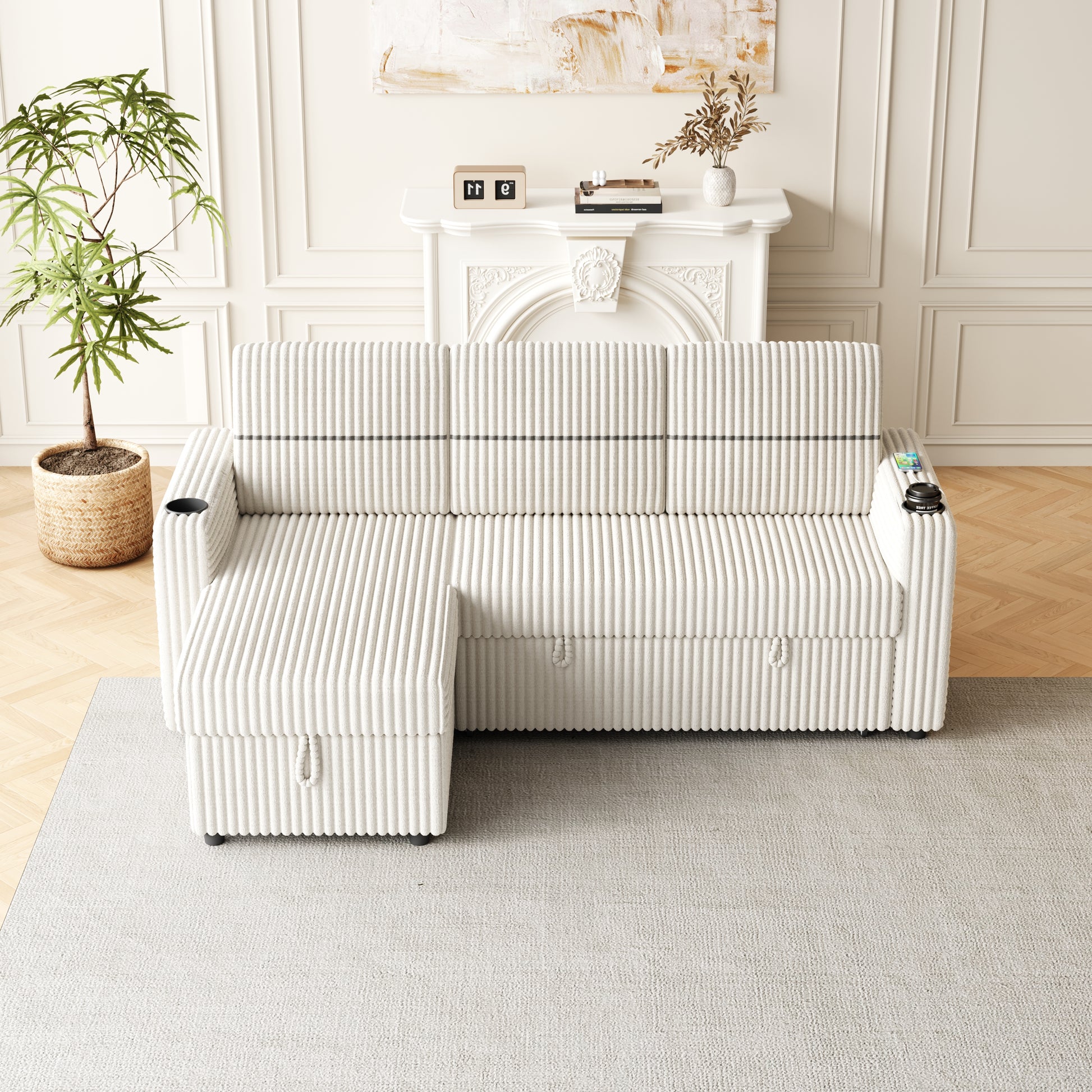 85 Inches Corduroy Sofa Bed, 3 Seater Sleeper Sofa With Storage Chaise, Square Handrail With Two Cup Holder And Usb Charge Port, Pull Out Couch For Living Room Beige Corduroy 3 Seat