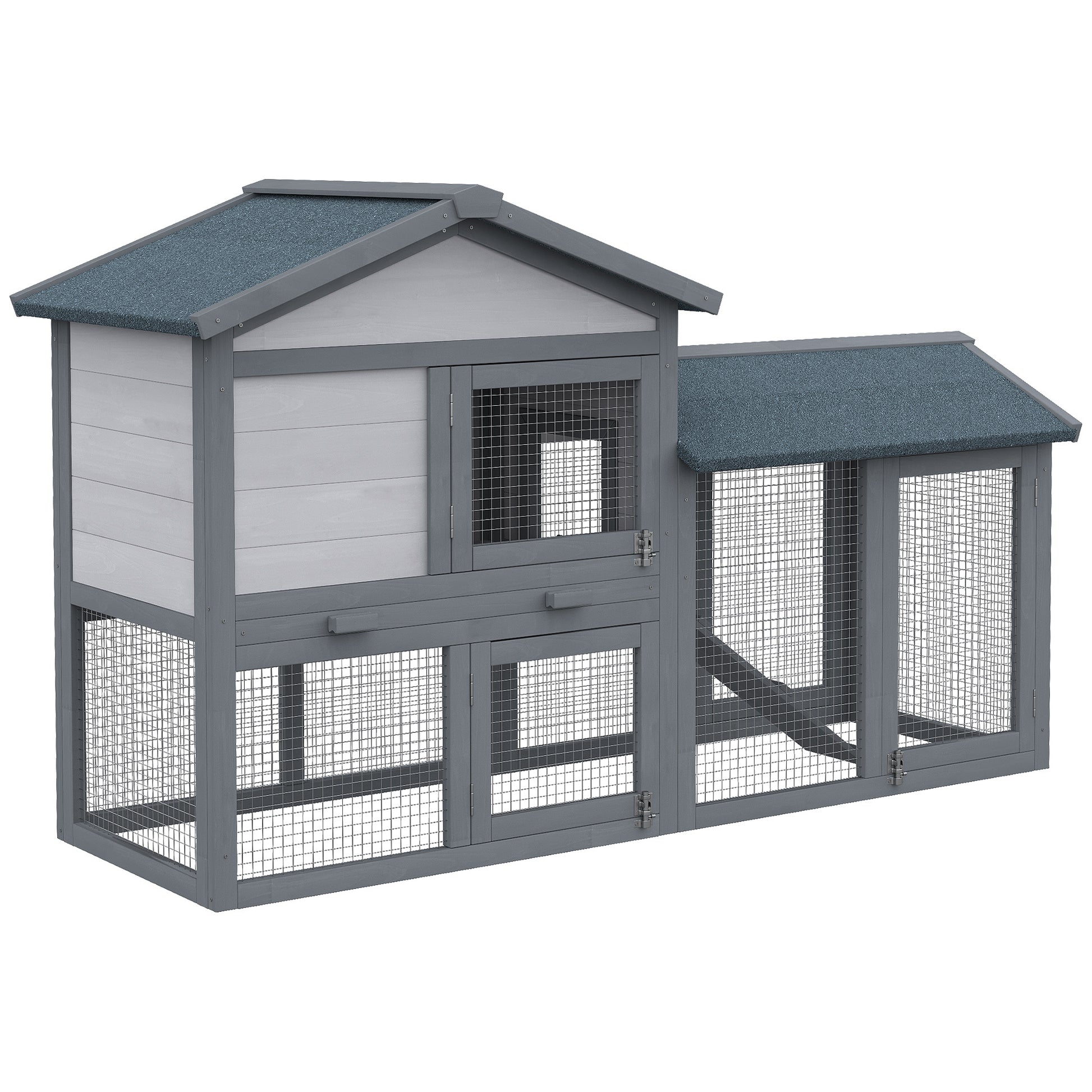 Pawhut 58" Rabbit Hutch, Wooden Bunny Hutch, Guinea Pig Cage, Small Animal Enclosure With Run Area, Removable Tray, Asphalt Roof, Lockable Doors And Ramp, Dark Gray Grey Wood