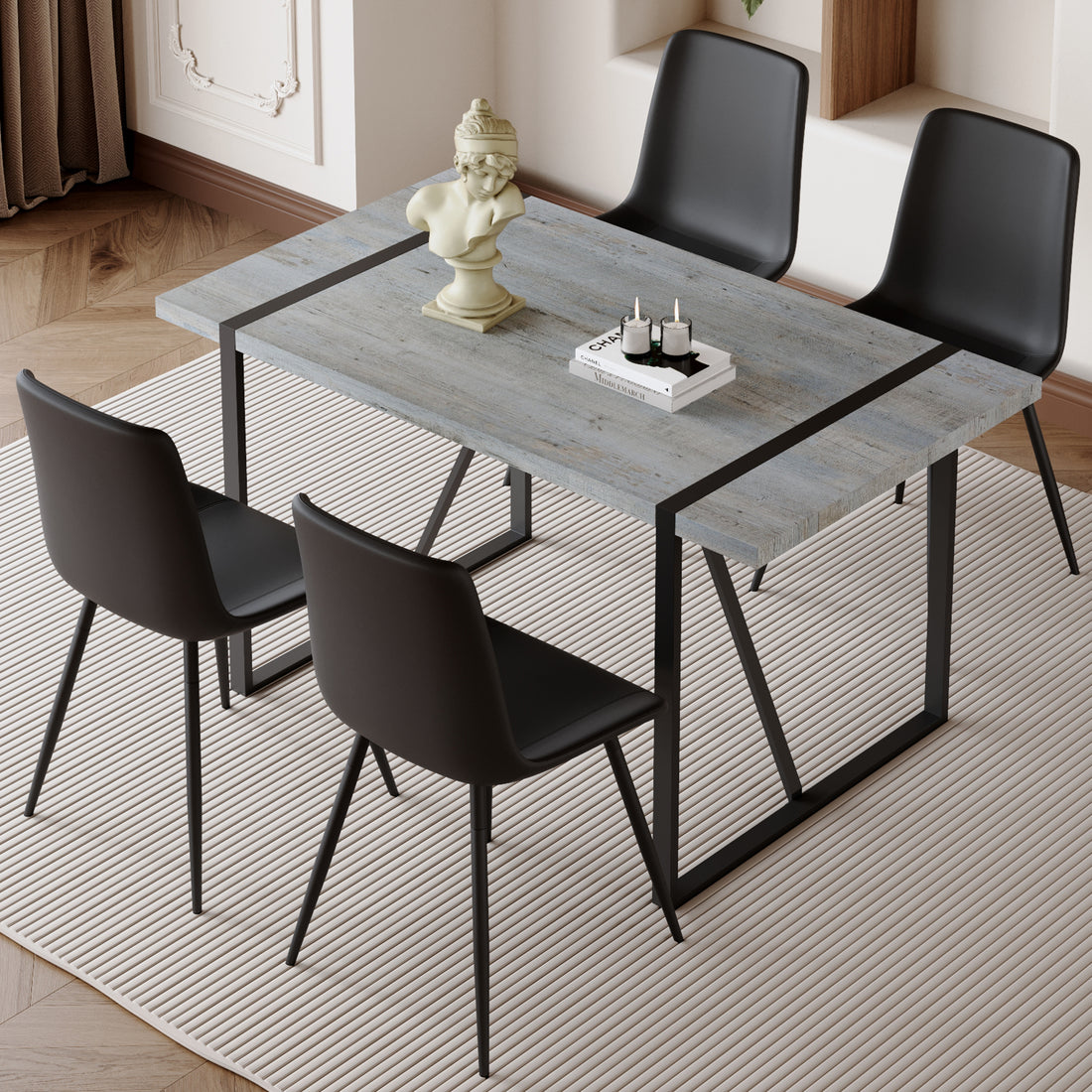 Table And Chair Set. Modern Minimalist Grey Marble Textured Mdf Dining Table With Metal Frame. Comes With Chairs With 4 Pu Cushions And Black Metal Legs. Black Seats 4 Mdf Metal