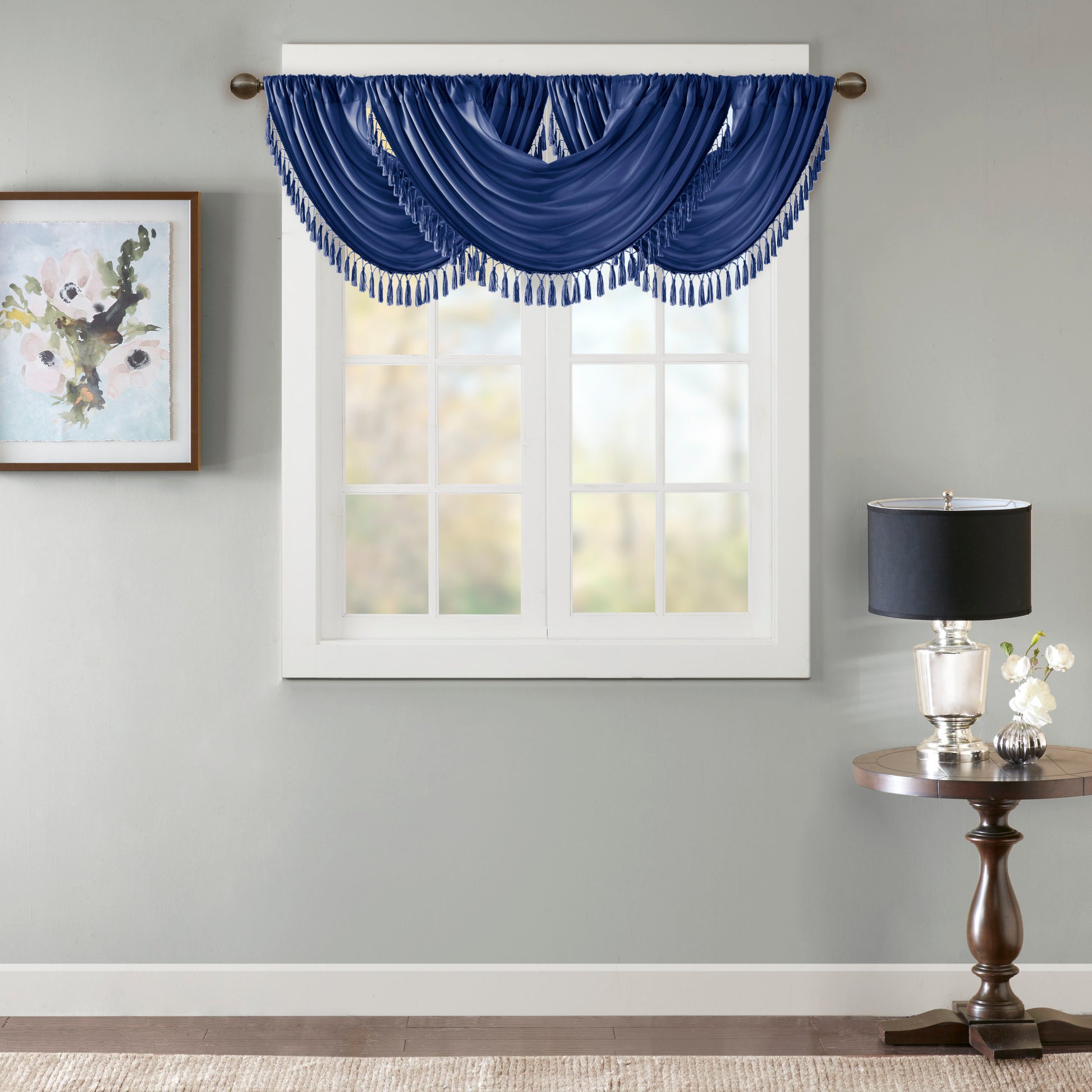 Faux Silk Waterfall Embellished Valance Navy 38X46" Navy Polyester