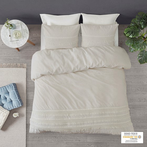 3 Piece Cotton Seersucker Duvet Cover Set King Ivory Cotton
