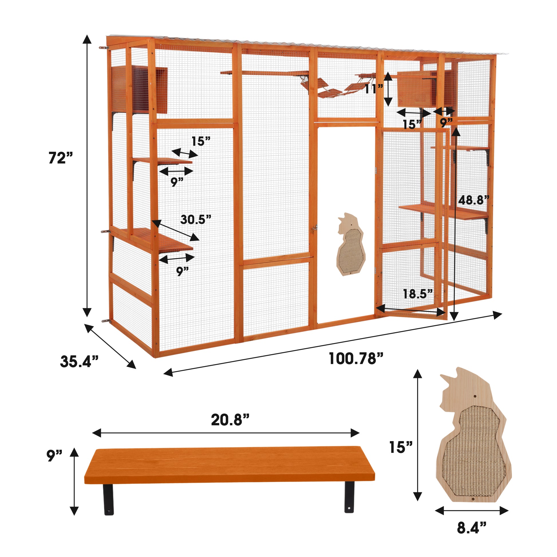 Wooden Cat Enclosure With 6 Jumping Platforms, 2 Cat Condos, Cat Bridge And Scratching Board, Orange Orange Pine