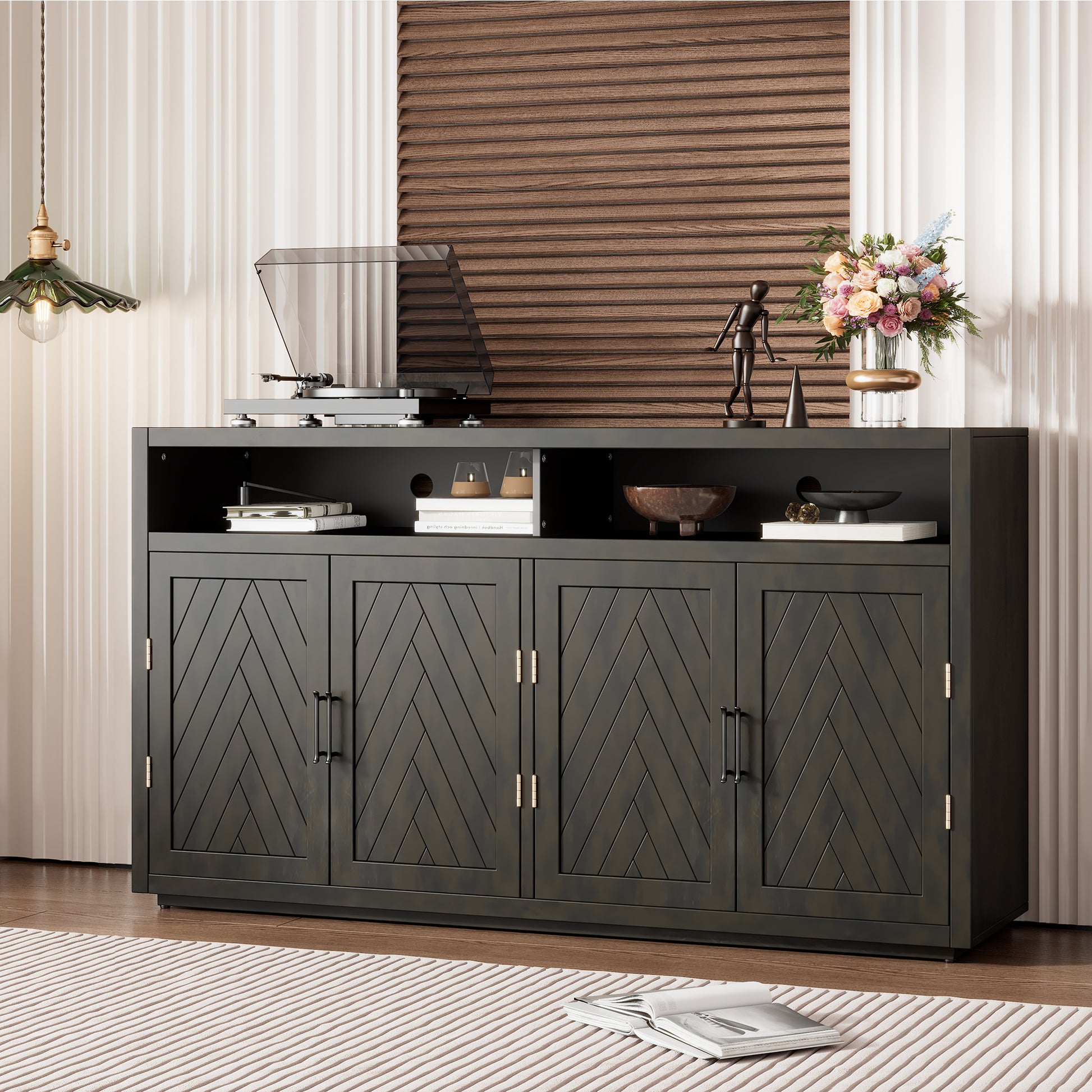 4 Door Classic Sideboard With Open Storage And Adjustable Shelves Perfect For Kitchens, Living Rooms Grey Brown Grey Brown Mdf