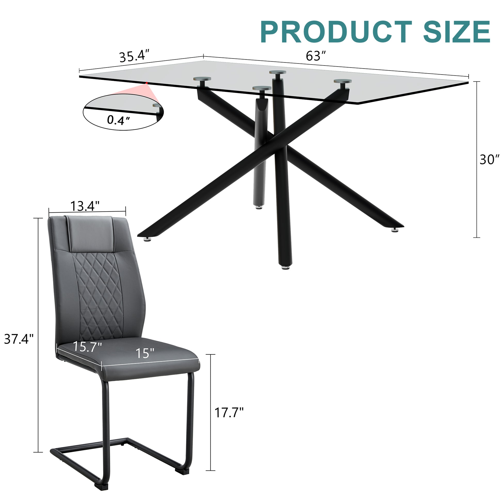 Table And Chair Set.Modern Rectangular Glass Dining Table With 0.39" Tempered Glass Tabletop And Black Metal Legs.Paired With Multiple Chairs Designed With Pu Cushions And Black Metal Legs. Black Grey Seats 4 Tempered Glass