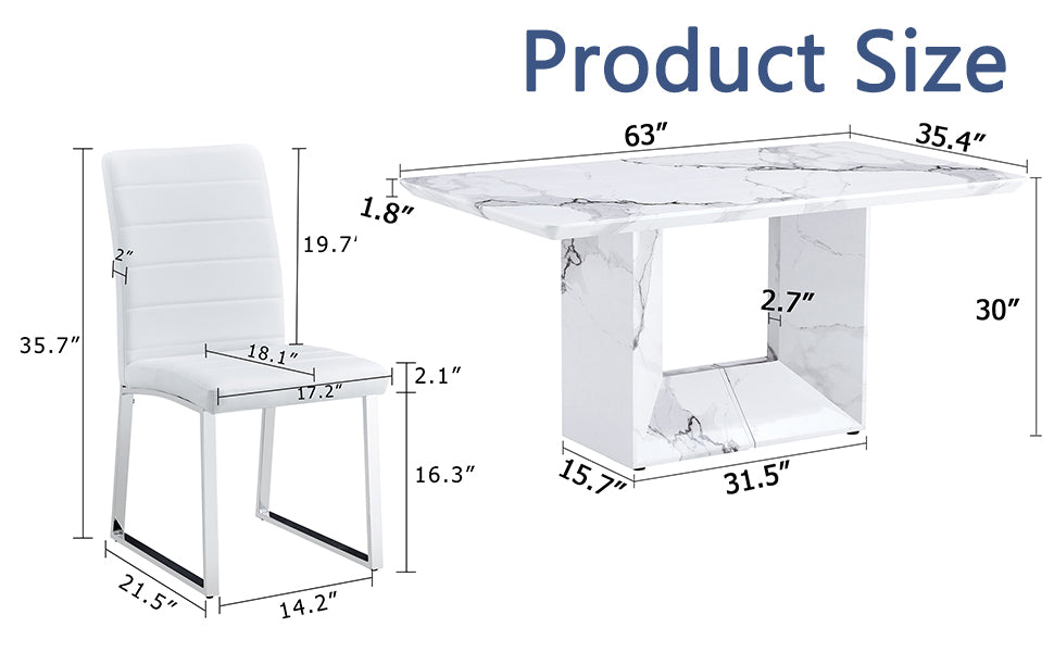 Table And Chair Set.63"X35.4" White Marble Patterned Mdf Dining Table Set With 6 Armless White Pu Chairs.The Backrest Of The Dining Chair Is Designed With Multiple Horizontal Stripes. White Seats 6