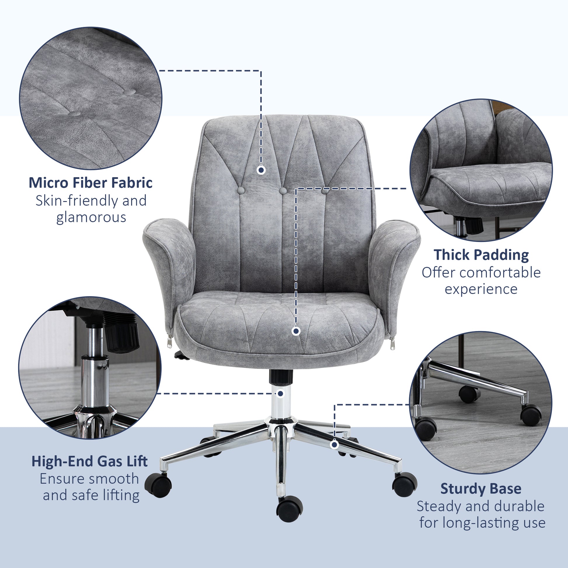 Vinsetto Microfiber Home Office Chair, Height Adjustable Button Tufted Computer Desk Chair With Swivel Wheels, Tilt Function And Padded Armrests, Light Gray Light Grey Steel