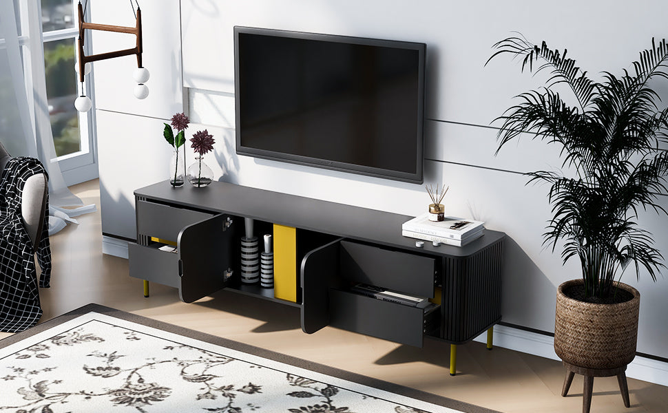 Tv Stand For Tvs Up To 80 Inches, Modern Entertainment Center Media Console With 4 Drawers And 1 Spacious Cabinet For Living Room, Black Black 70 79 Inches Mdf