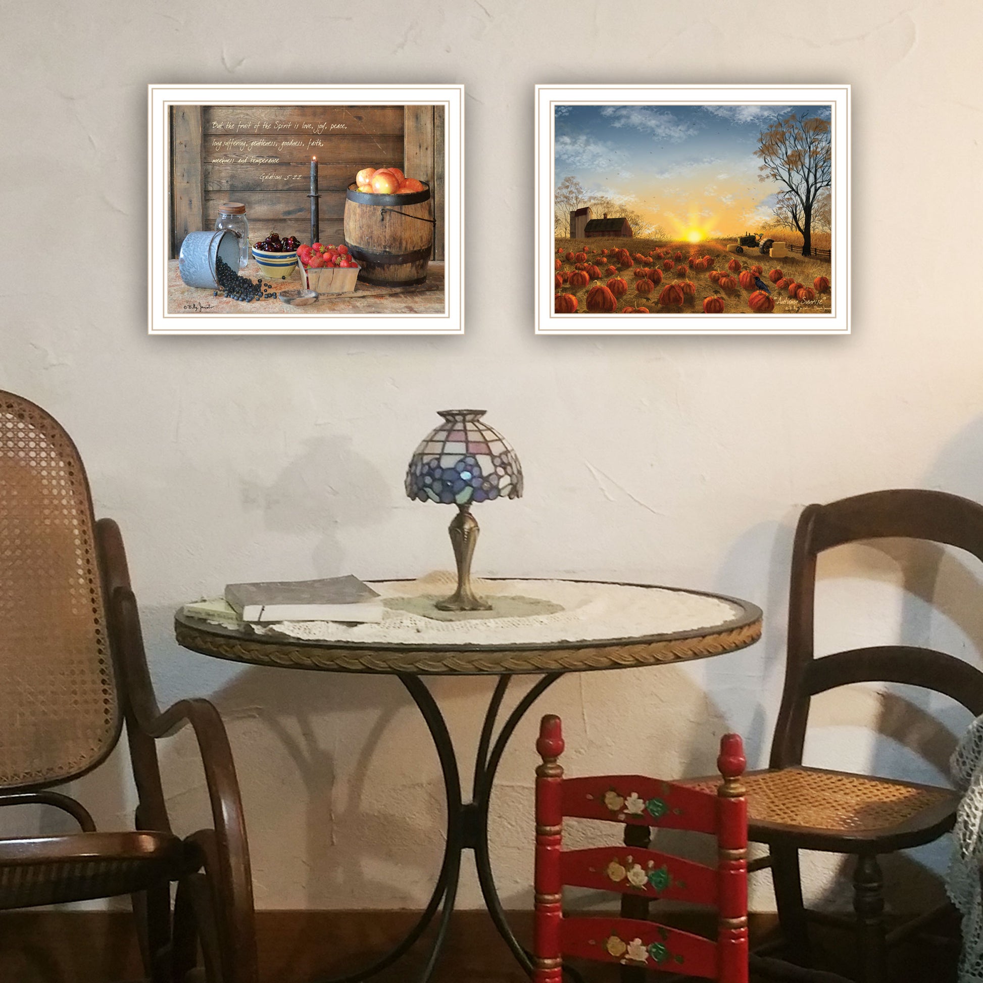 2 Piece Vignette Autumn Sunrise, Fruit Of The Spirit White Framed Wall Art For Living Room, Bedroom Wall Art Print For Home Decor By Billy Jacobs Multi Wood Paper