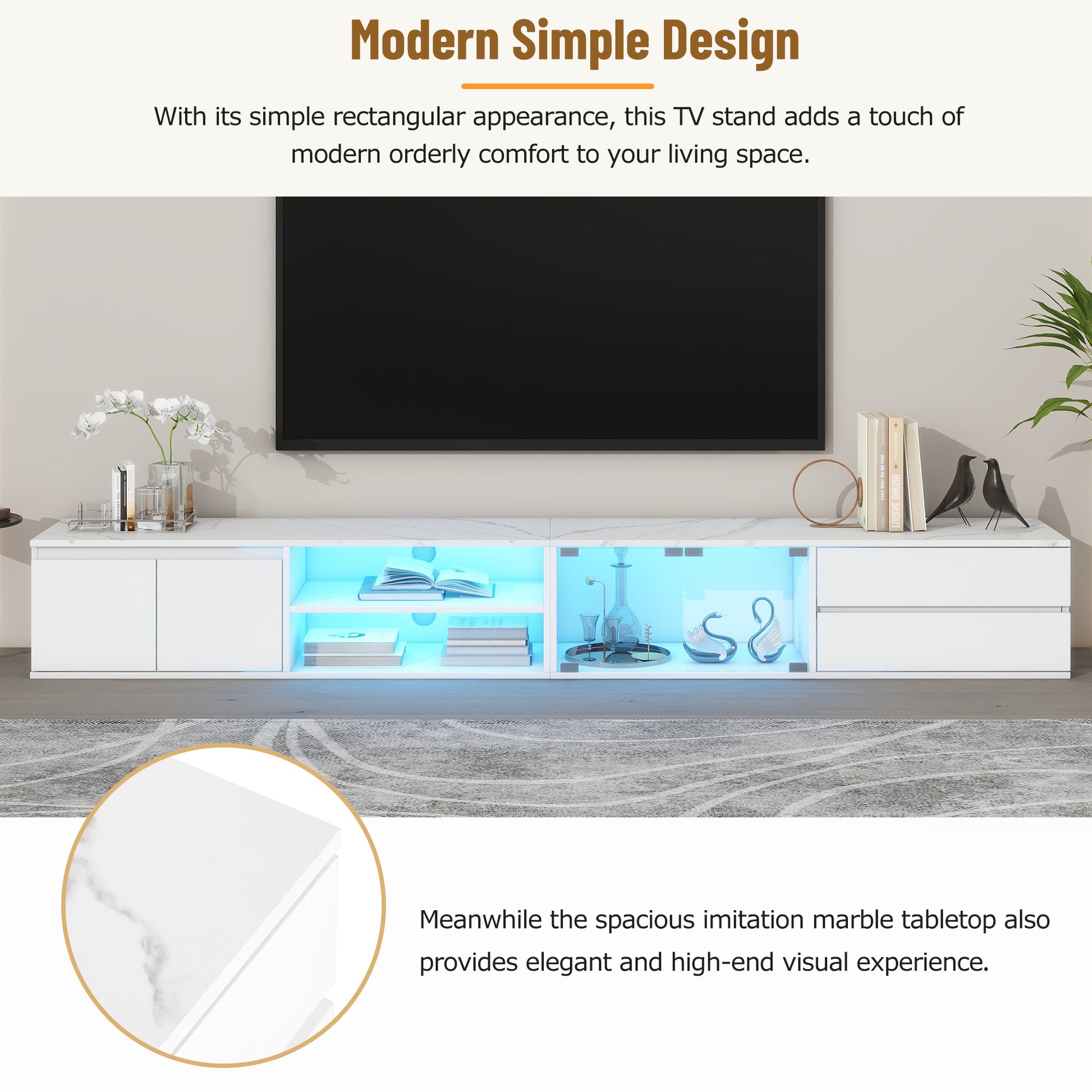 Modern App Controlled Led Tv Stand For Tvs Up To 105'', Faux Marble Tabletop Media Console With Tempered Glass Doors, Entertainment Center With 2 Drawers & Cabinets For Living Room, White White 90 Inches Or Larger Particle Board Mdf