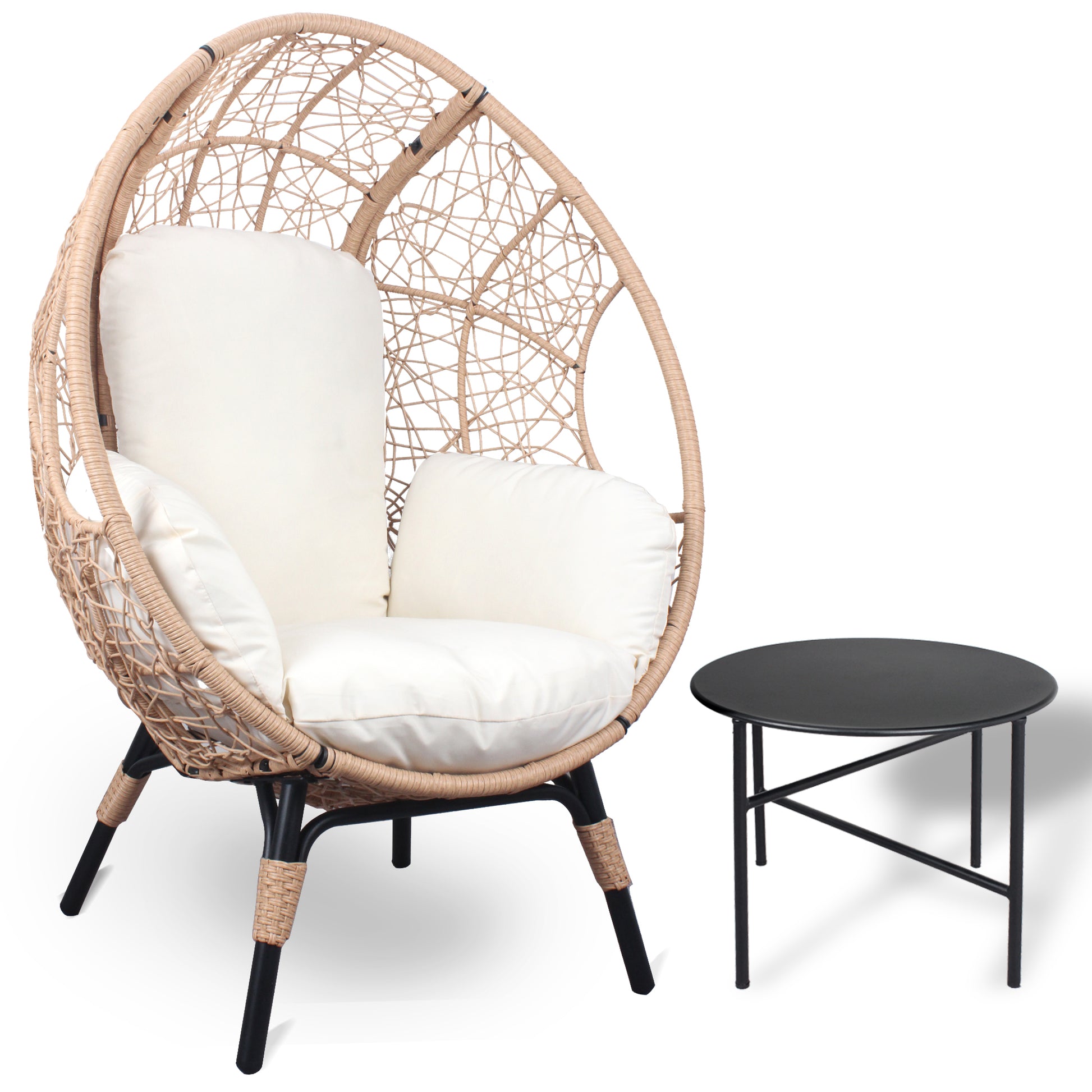 Patio Pe Wicker Egg Chair Model 3 With Natural Color Rattan Beige Cushion And Side Table Yes Natural Foam Steel