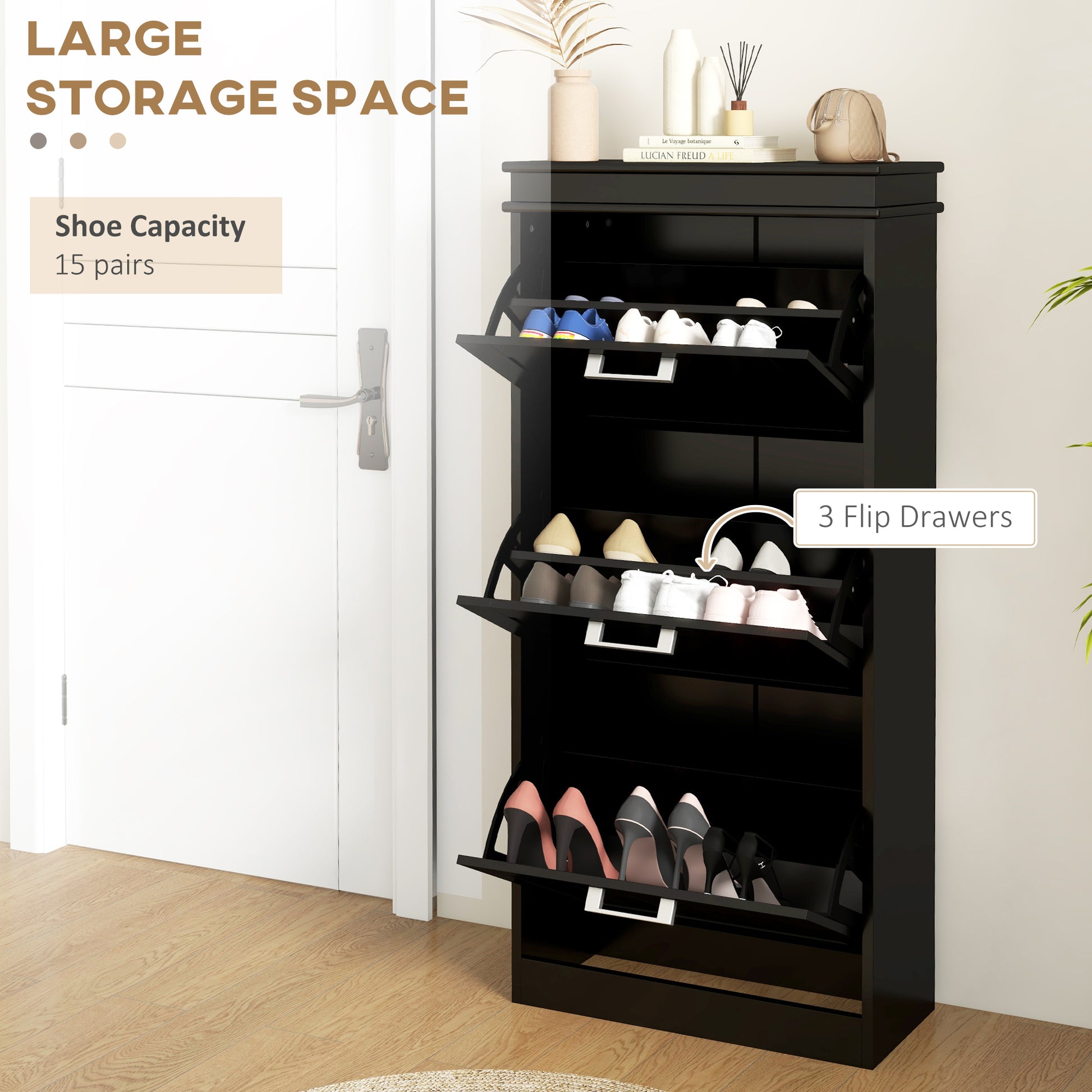 Homcom Shoe Cabinet For Entryway, Narrow Shoe Rack Storage Organizer With 3 Flip Drawers And Adjustable Shelves For 15 Pairs Of Shoes, Black Black Mdf