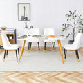 Modern Minimalist Dining Table. White Imitation Marble Pattern Sintered Stone Desktop With Golden Metal Legs.62.2