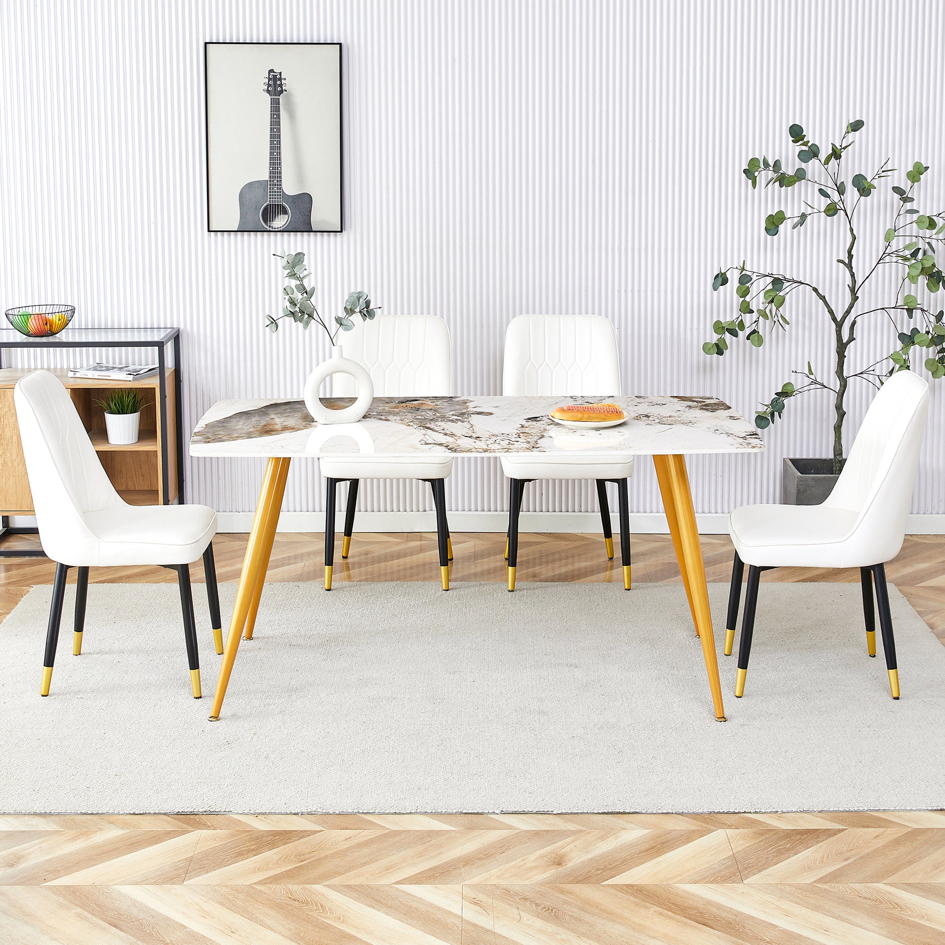 Modern Minimalist Dining Table. White Imitation Marble Pattern Sintered Stone Desktop With Golden Metal Legs.62.2"*34.6"*30" F 001 Gold Sintered Stone