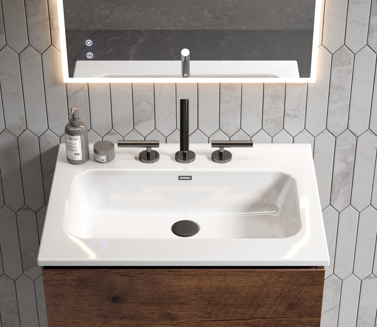 Bb0924Y331, Integrated White Ceramic Basin With Three Predrilled Faucet Holes, Drain Assembly Not Included Gloss White Bathroom Modern Ceramic