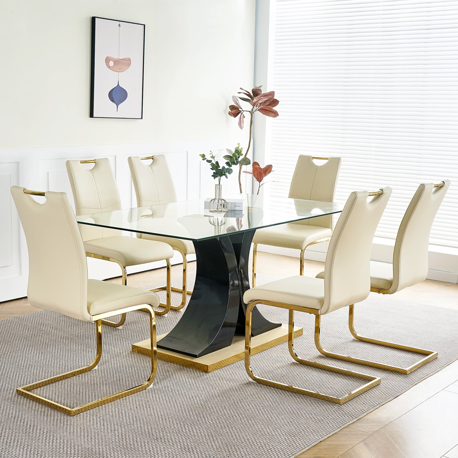 Modern Style Glass Dining Table With Elegant Transparent Design, Solid Support Base, Pale Yellow Dining Chair Set With Gold Plated Legs, Suitable For Restaurant Kitchens Set Of 7 Yellow Glass