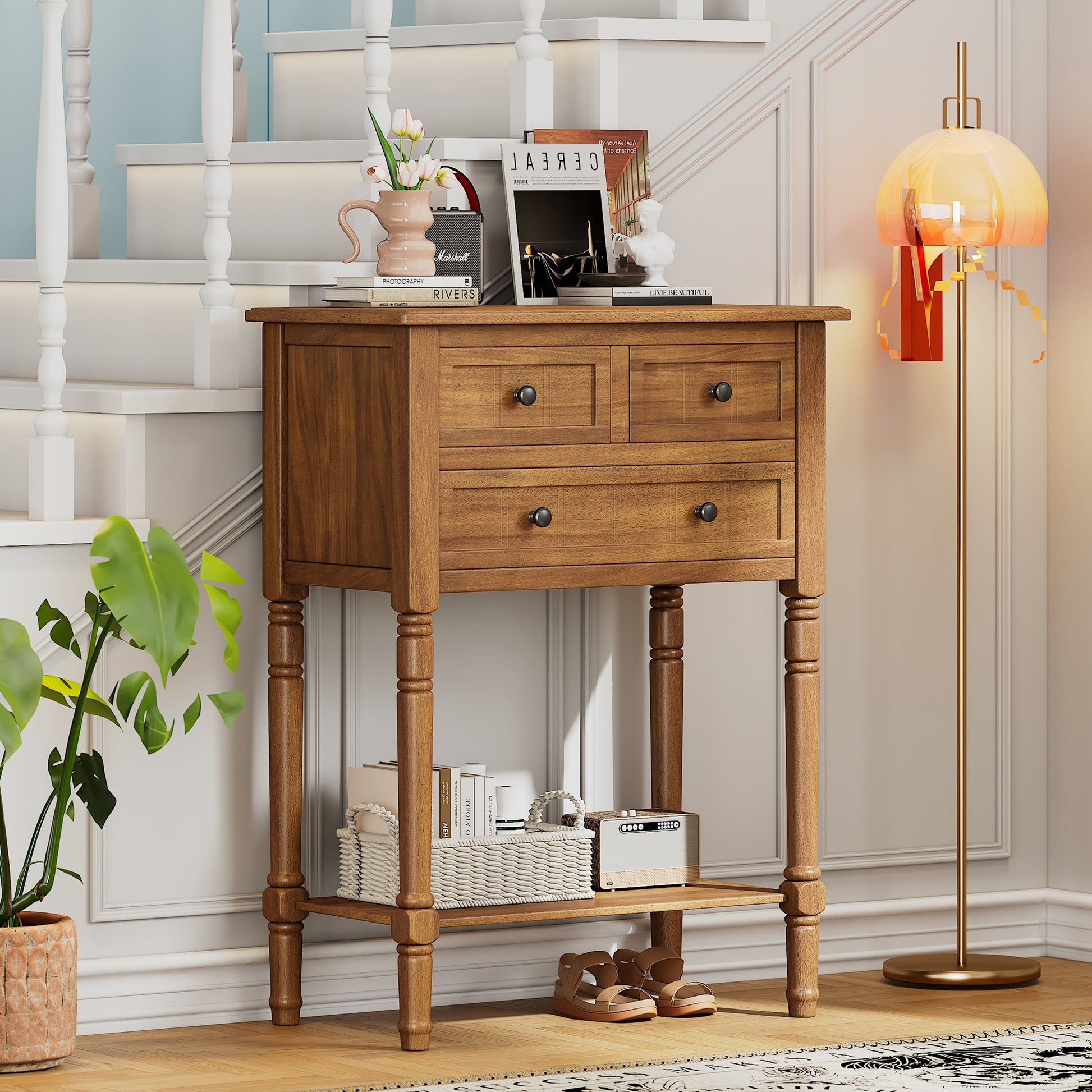 Narrow Console Table, Slim Sofa Table With Three Storage Drawers And Bottom Shelf Natural Natural Solid Wood Mdf