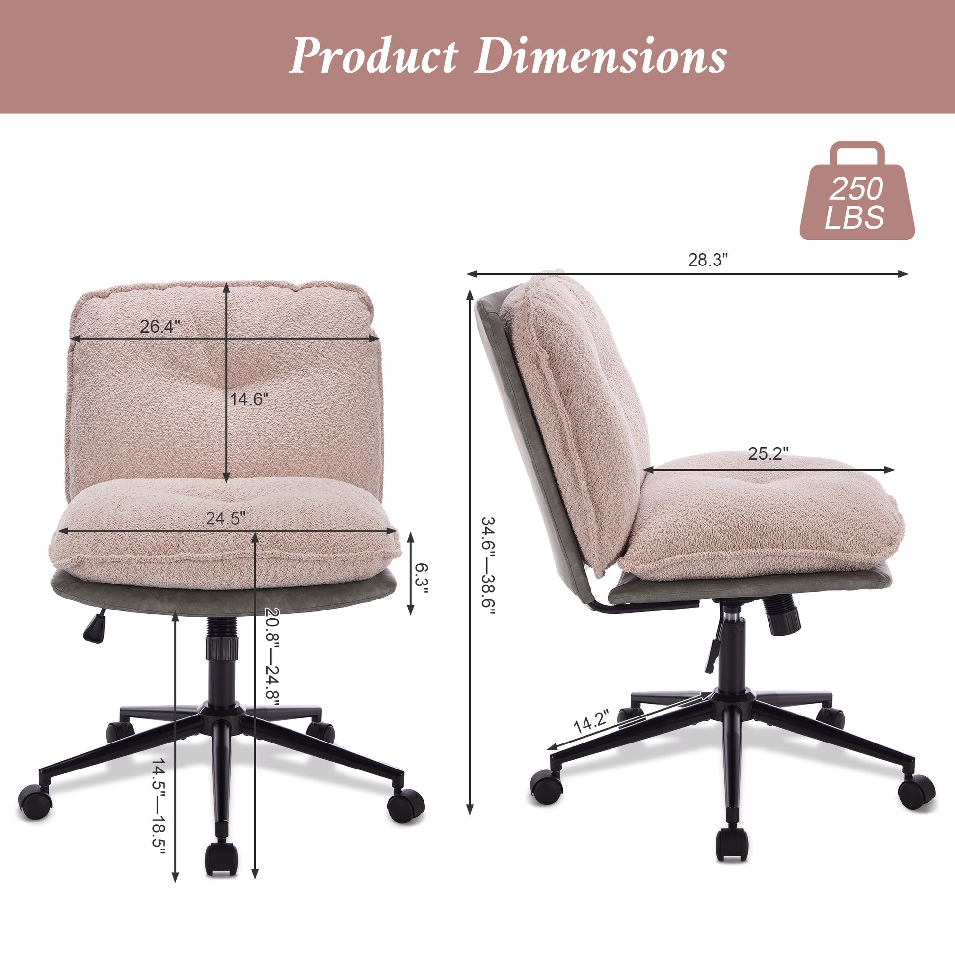 Oversize Seat Cirss Cross Chair With Wheels, Elegant Design Computer Chair, Adjustable Height 360 Rolling Swivel Home Office Chair For Small Space, Dressing Room, Living Room Gray Pink Pink Grey Primary Living Space Casual Foam Pu Leather
