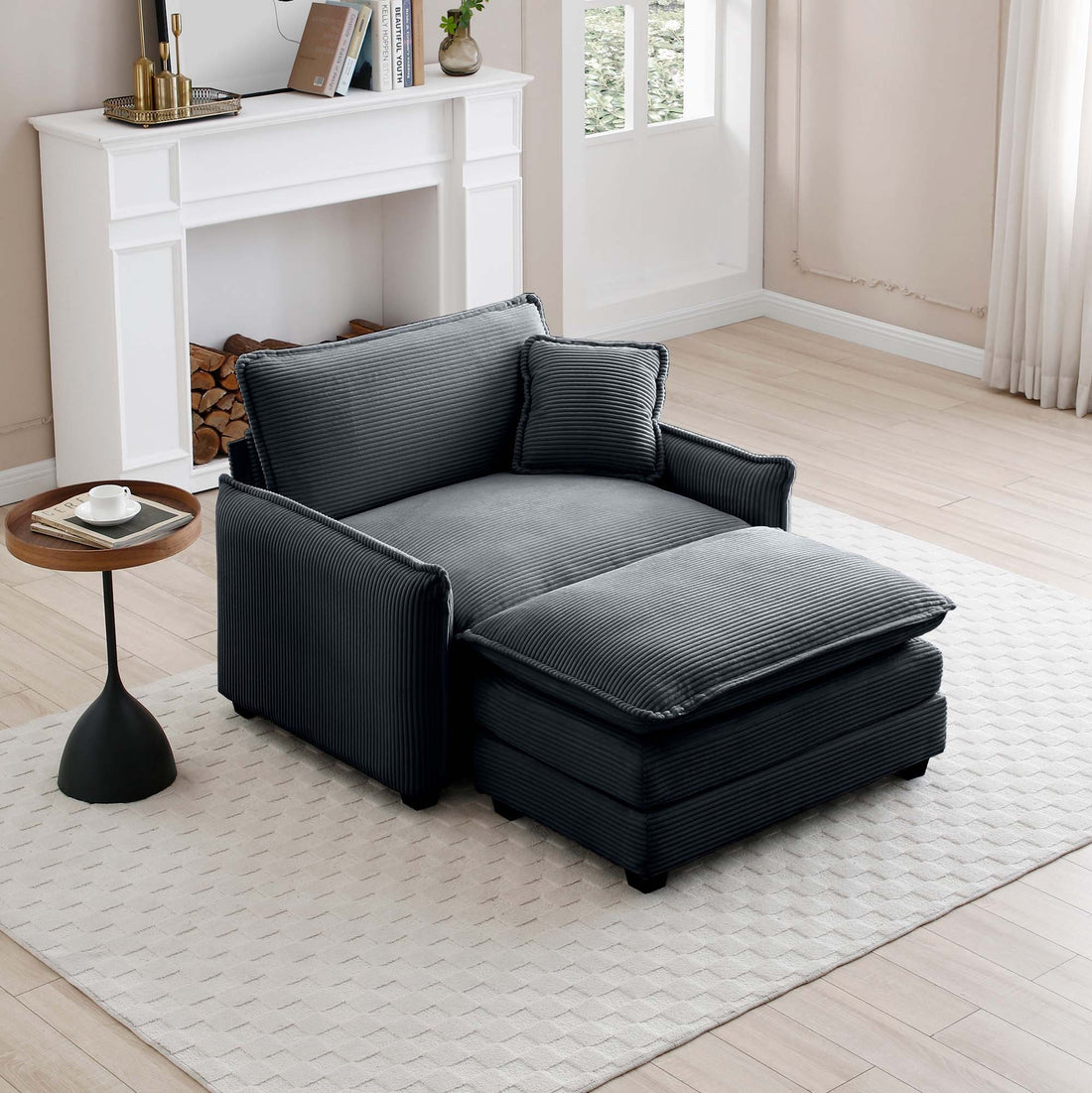 Single Deep Seat Sofa With Footstool With One Pillow, Suitable For Living Room And Bedroom, Club Multiple Occasions,Grey Corduroy Grey Corduroy 1 Seat