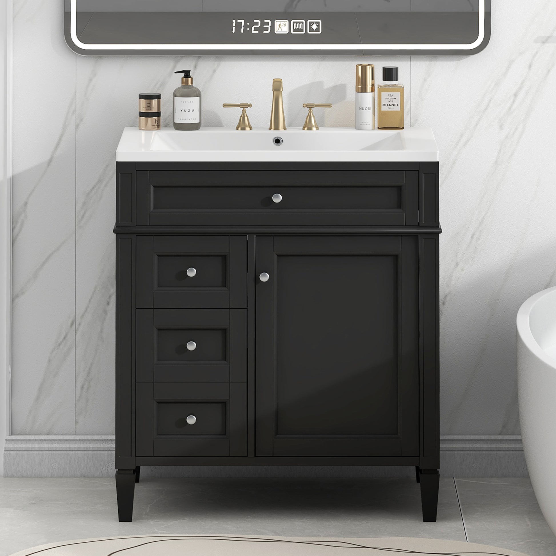 30'' Bathroom Vanity With Top Sink, Modern Bathroom Storage Cabinet With 2 Drawers And A Tip Out Drawer, Single Sink Bathroom Vanity Black Bathroom Solid Wood Mdf