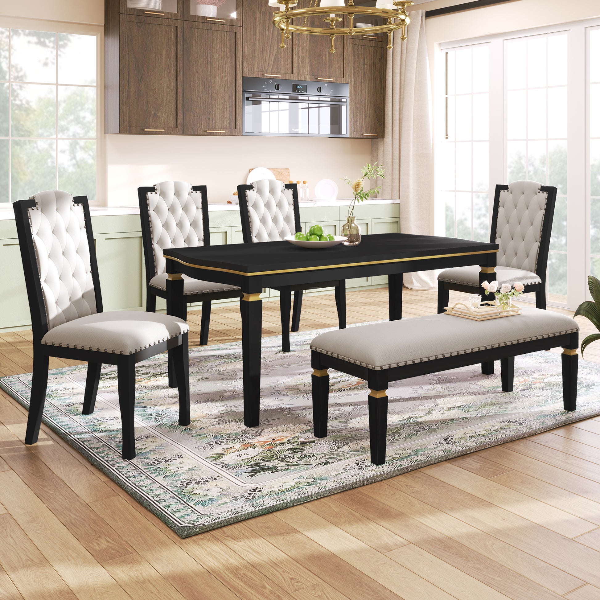 6 Piece Kitchen Dining Table Set, 60" Rectangular Table And 4 High Back Tufted Chairs & 1 Bench For Dining Room And Kitchen Black Upholstered Chair Black Seats 6 Solid Wood Classic,Modern 4 Leg